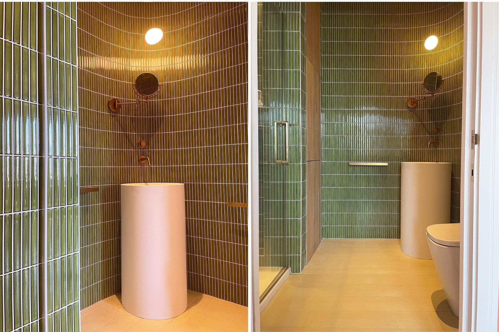 Green kit kat mosaic tiles used in a bathroom