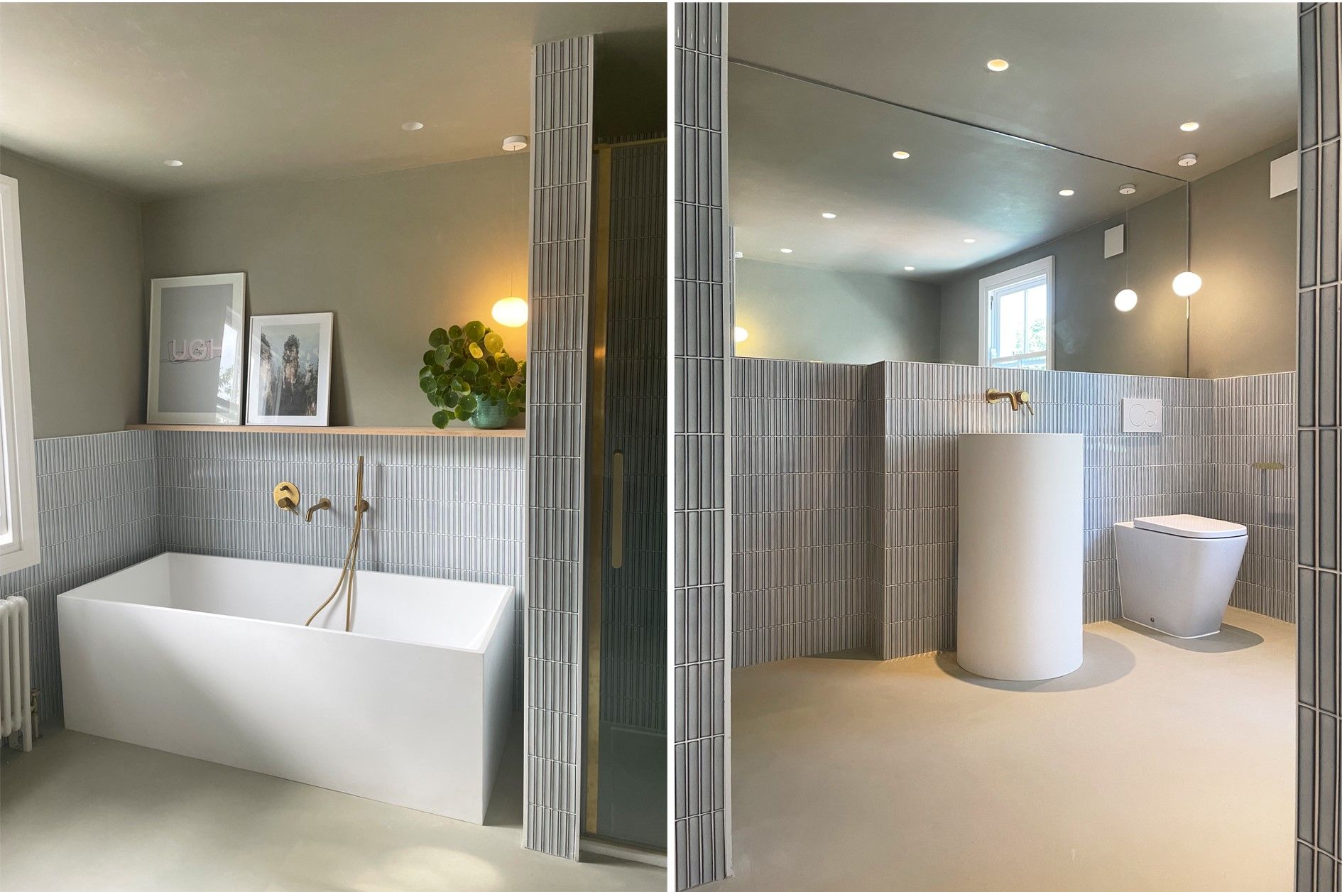 mosaic grey bathroom tile behind white bath and sink