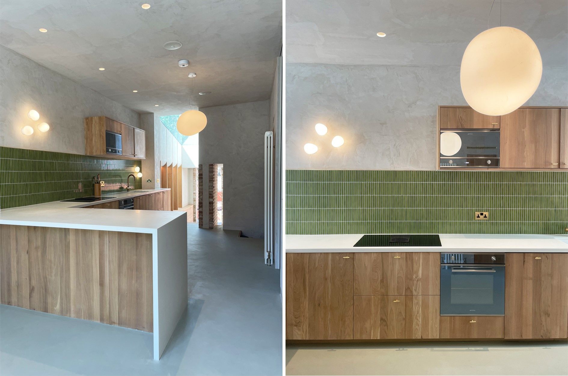 green mosiac kitchen wall tile featured above wooden cupboards