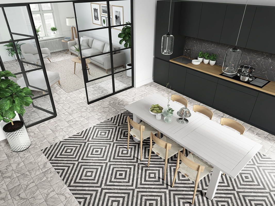 Marblewood floor pattern tile and black featured cupboards