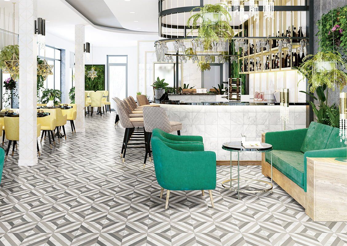 Marblewood pattern floor tiles used in a bar