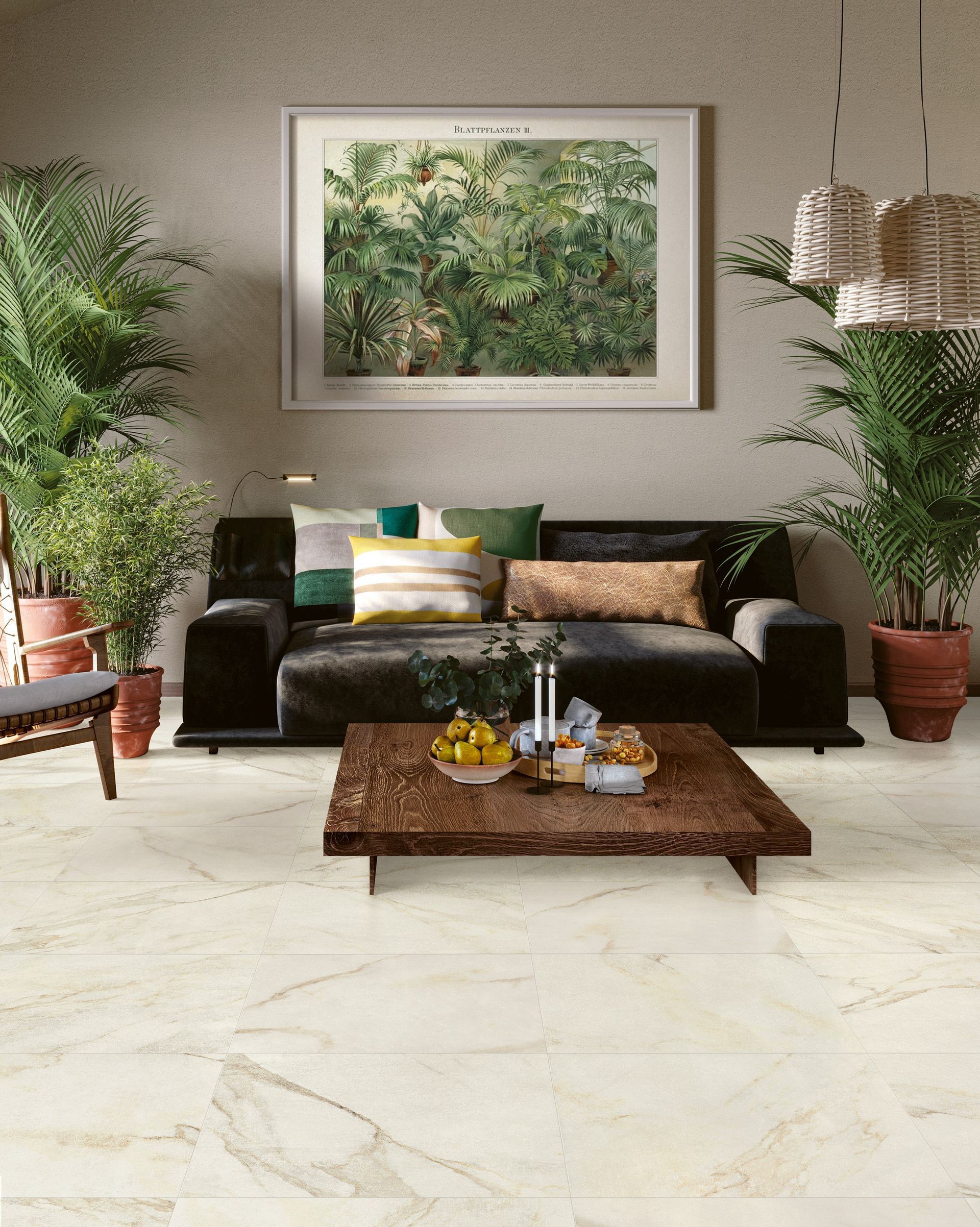 Inviting living room with a tropical theme, featuring a plush dark sofa adorned with colorful throw pillows in green, yellow, and earthy tones. The floor is covered with large cream-colored marble tiles with subtle gold veining, adding a touch of elegance. A low wooden coffee table holds a tray with candles and a bowl of fruit, creating a cozy centerpiece. Lush green plants in terracotta pots flank the sofa, enhancing the room's vibrant and natural atmosphere. A large botanical print hangs on the wall, completing the room's fresh and lively decor. Wicker pendant lights add a warm and rustic touch to the space