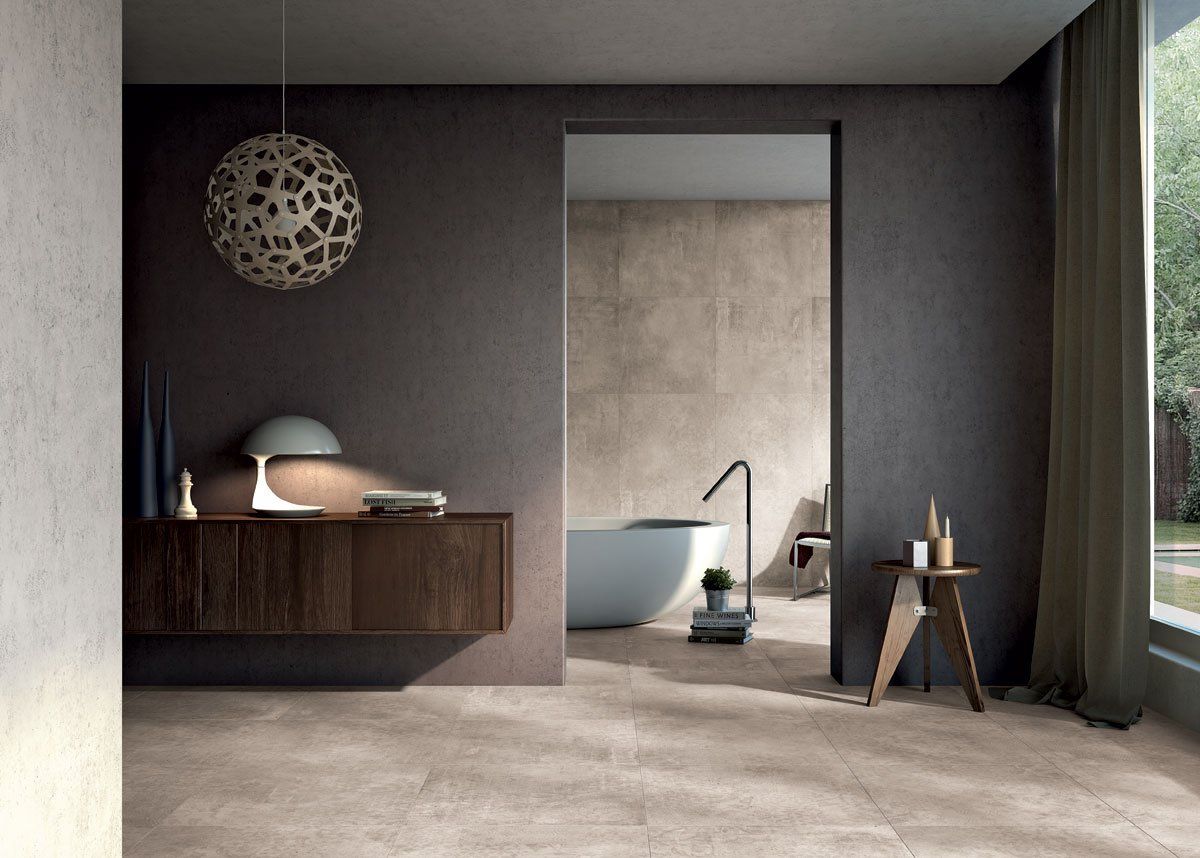 large porcelain floor tiles, bathroom , lamp