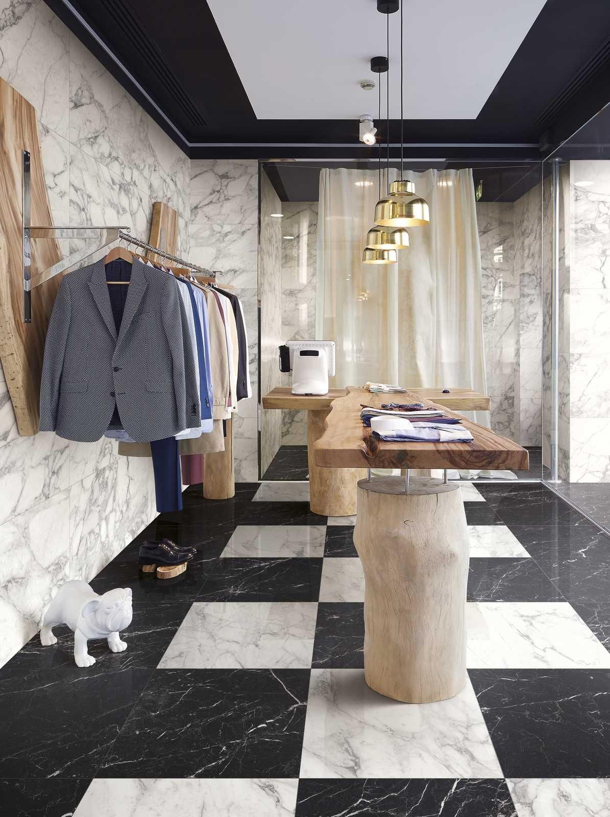 Black and white marble effect porcelain chequerboard floor