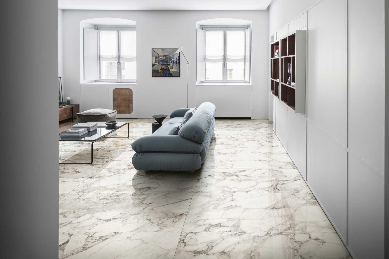 White marble floor tile used in a living room