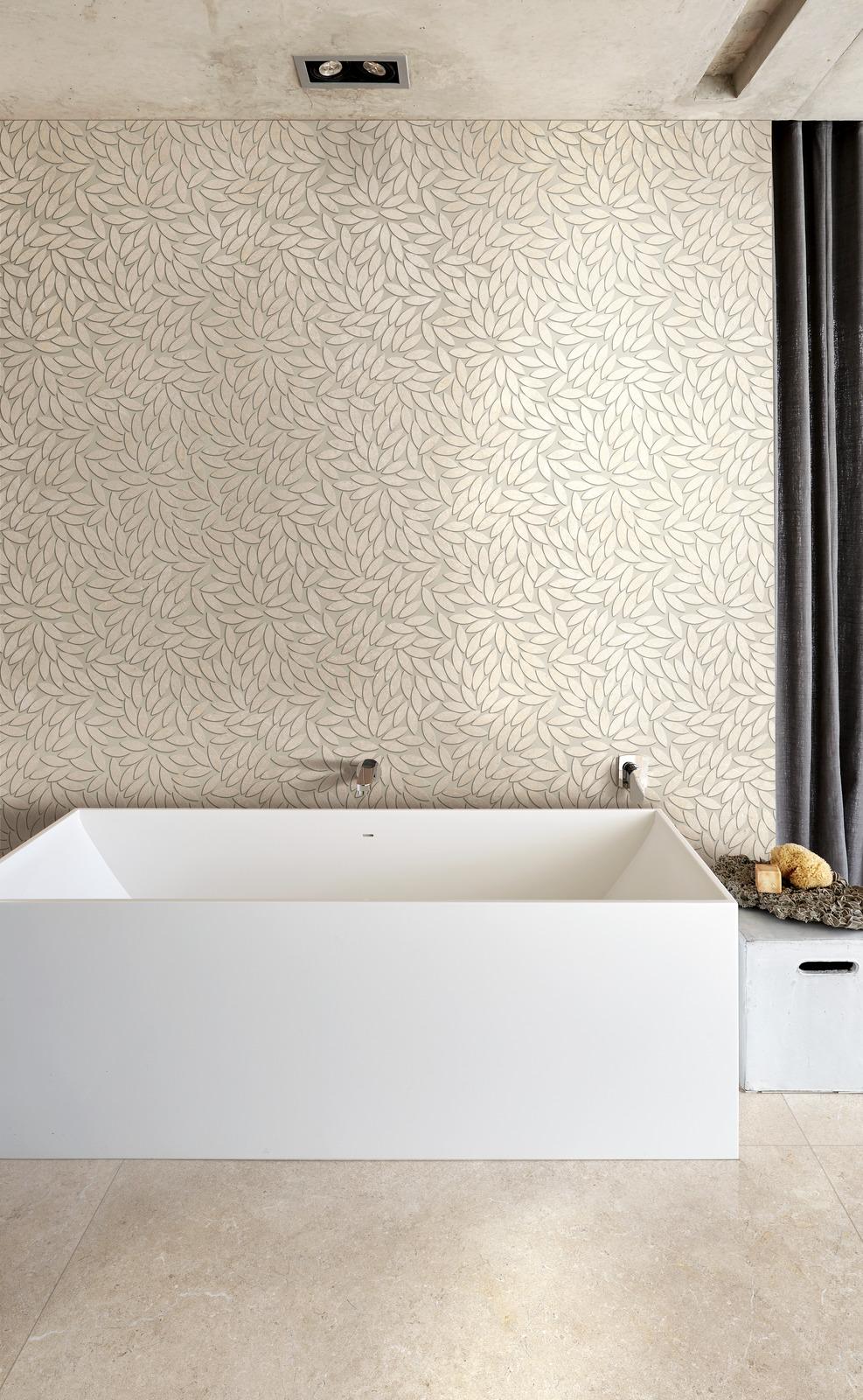 limestone effect tiles , bathroom design with a rectangular white bathtub , perfect family bathroom