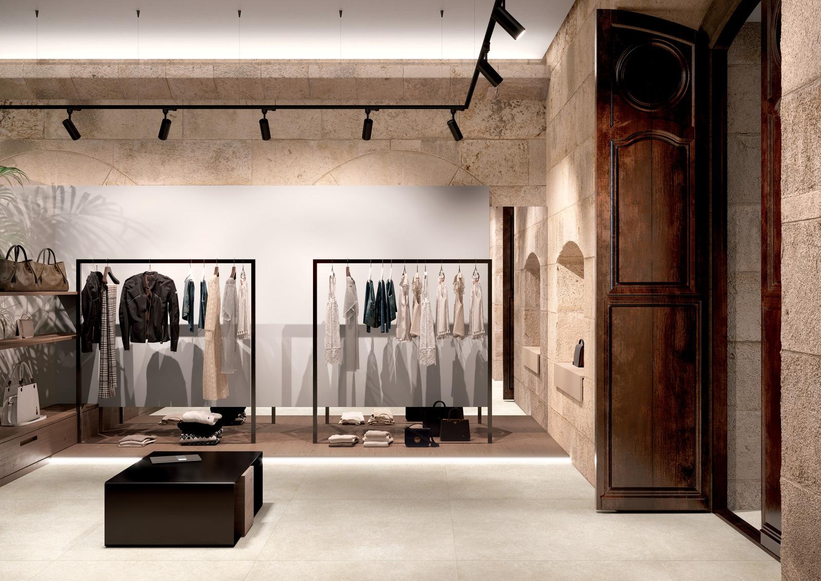 limestone effect tiles , commercial use within a clothing store