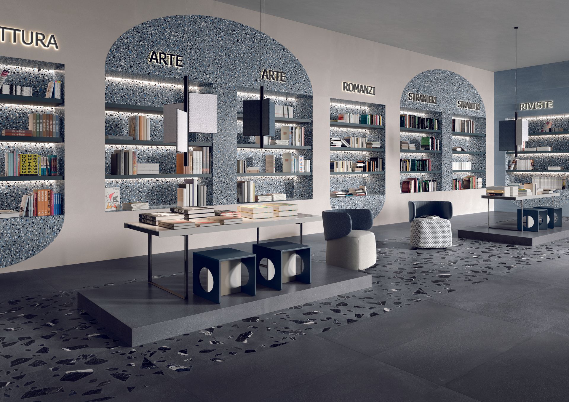 terrazzo tiles , commercial design with a book/library design
