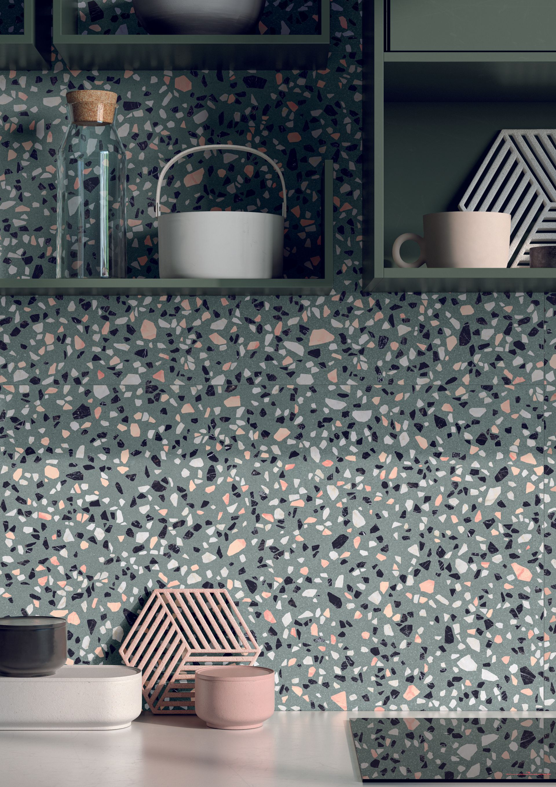 terrazzo tiles, kitchen design with cabinets and utensils