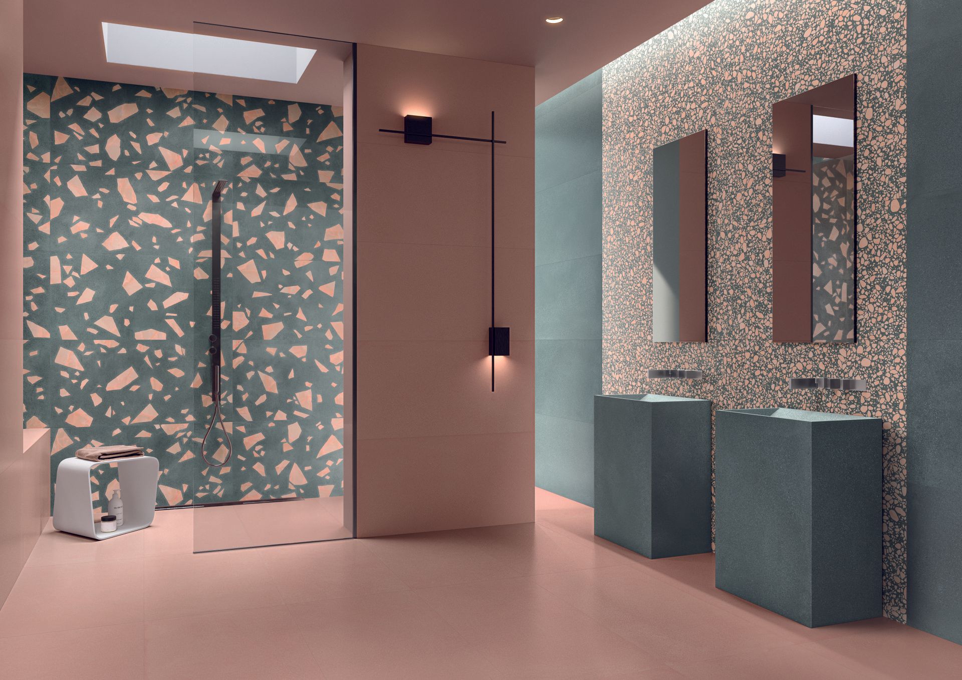 geometric pattern floor tiles, bathroom , shower tiles , dual sinks