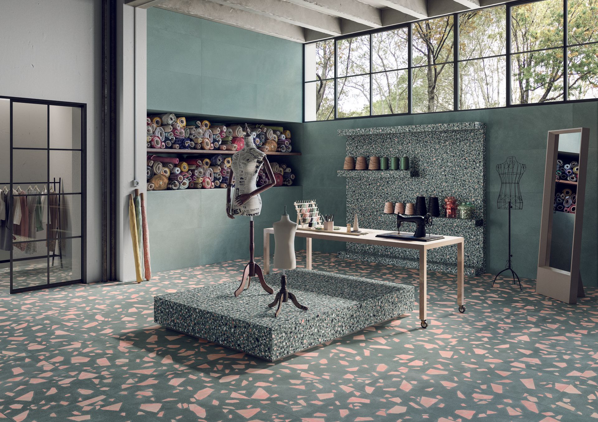 terrazzo tiles , commercial design, sewing clothing workshop