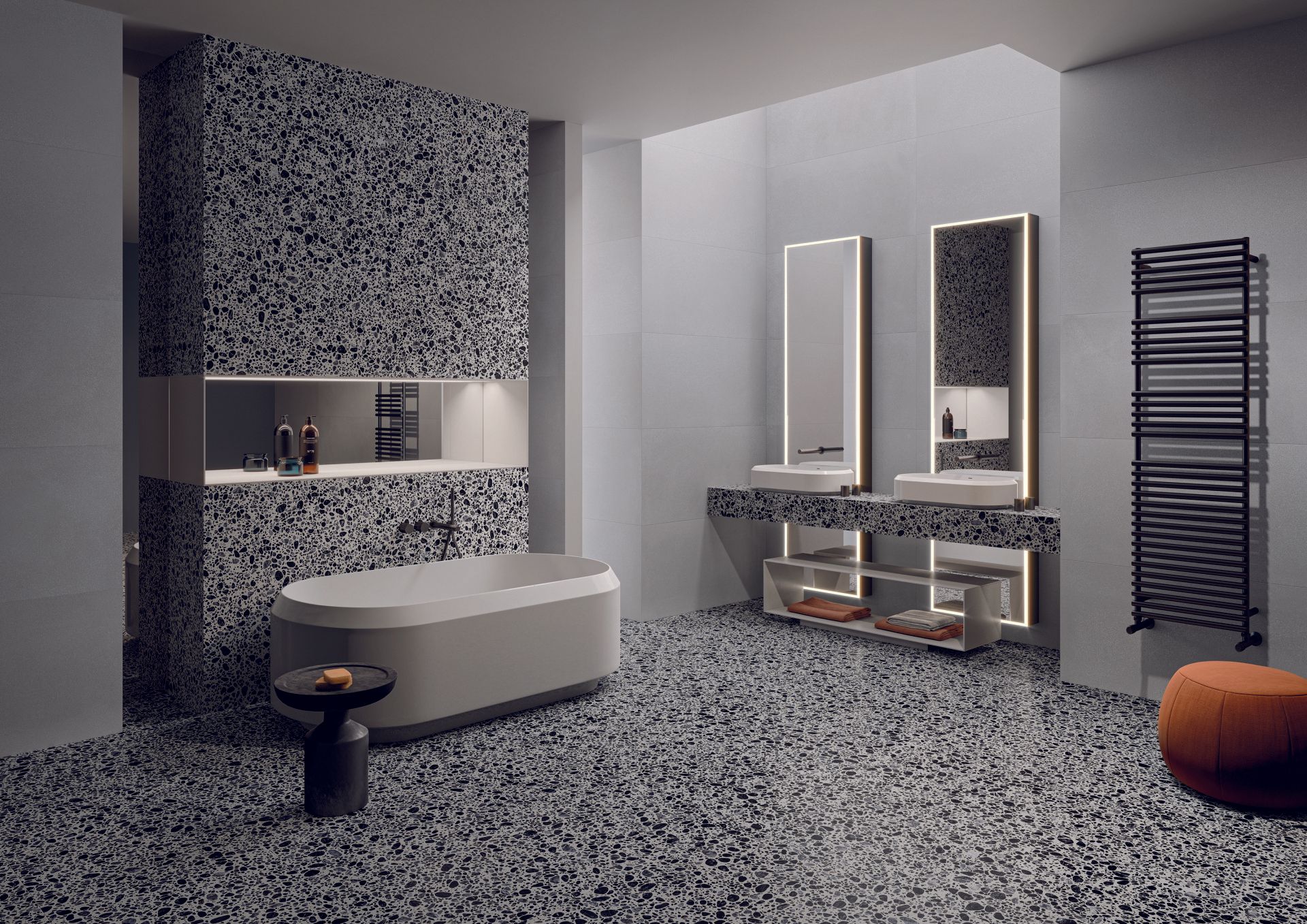 terrazzo tiles, dark terrazzo bathroom
