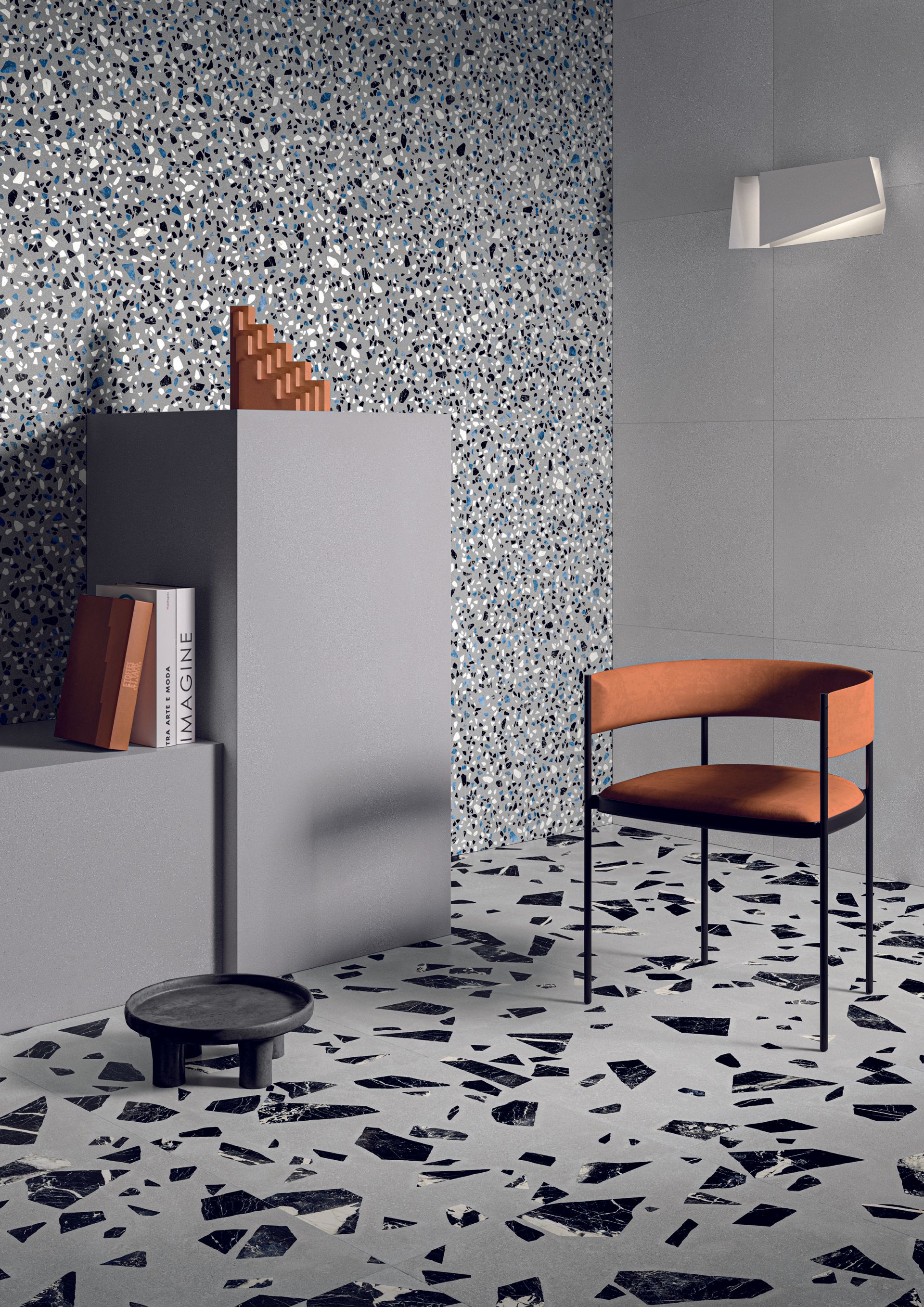 terrazzo tiles,  commercial design with orange cushion chair
