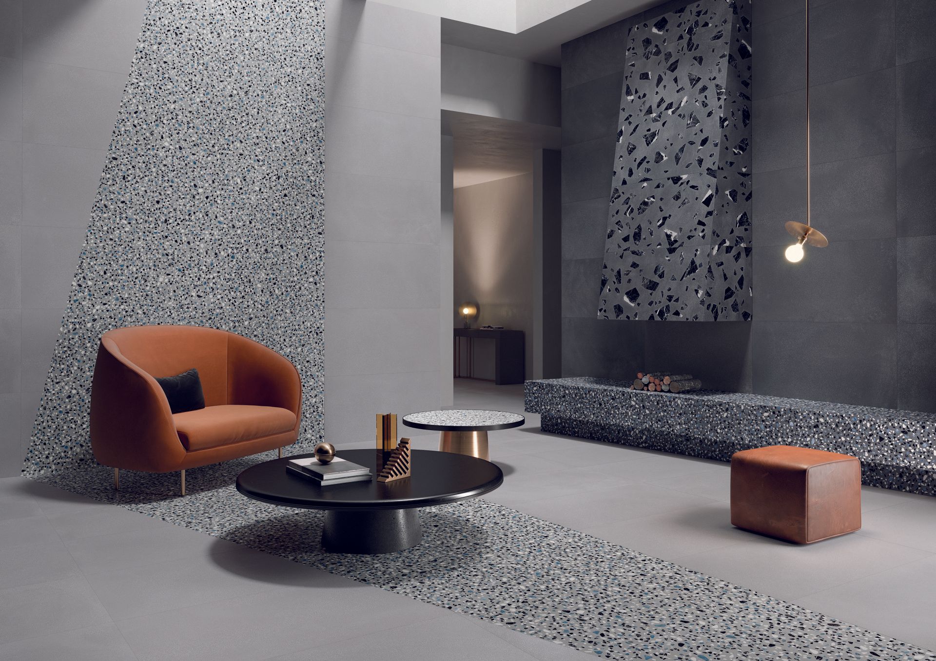 terrazzo tiles, dark terrazzo  with a leather cushion and chair