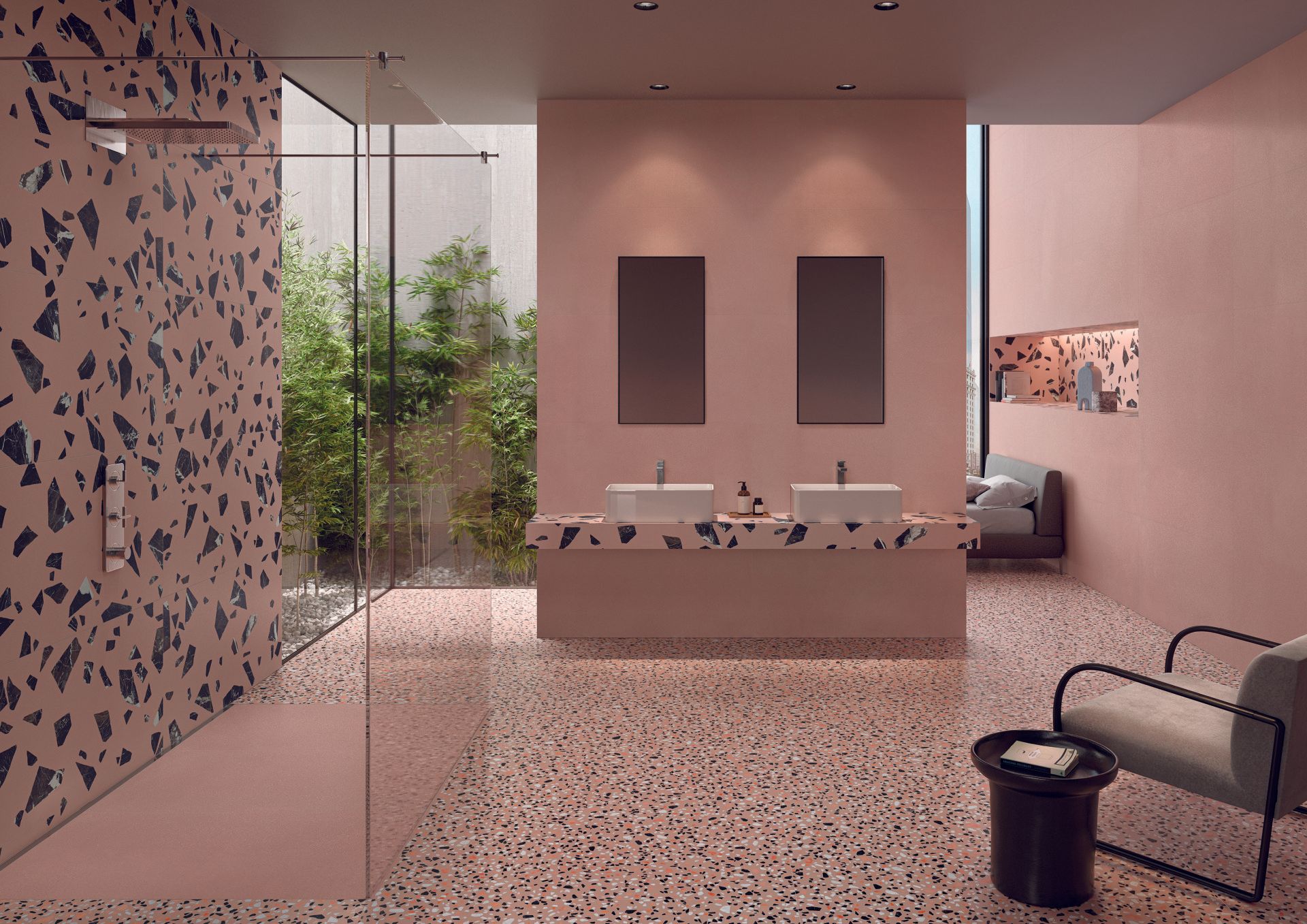 terrazzo tiles,  pink bathroom massive walk in shower , double sink