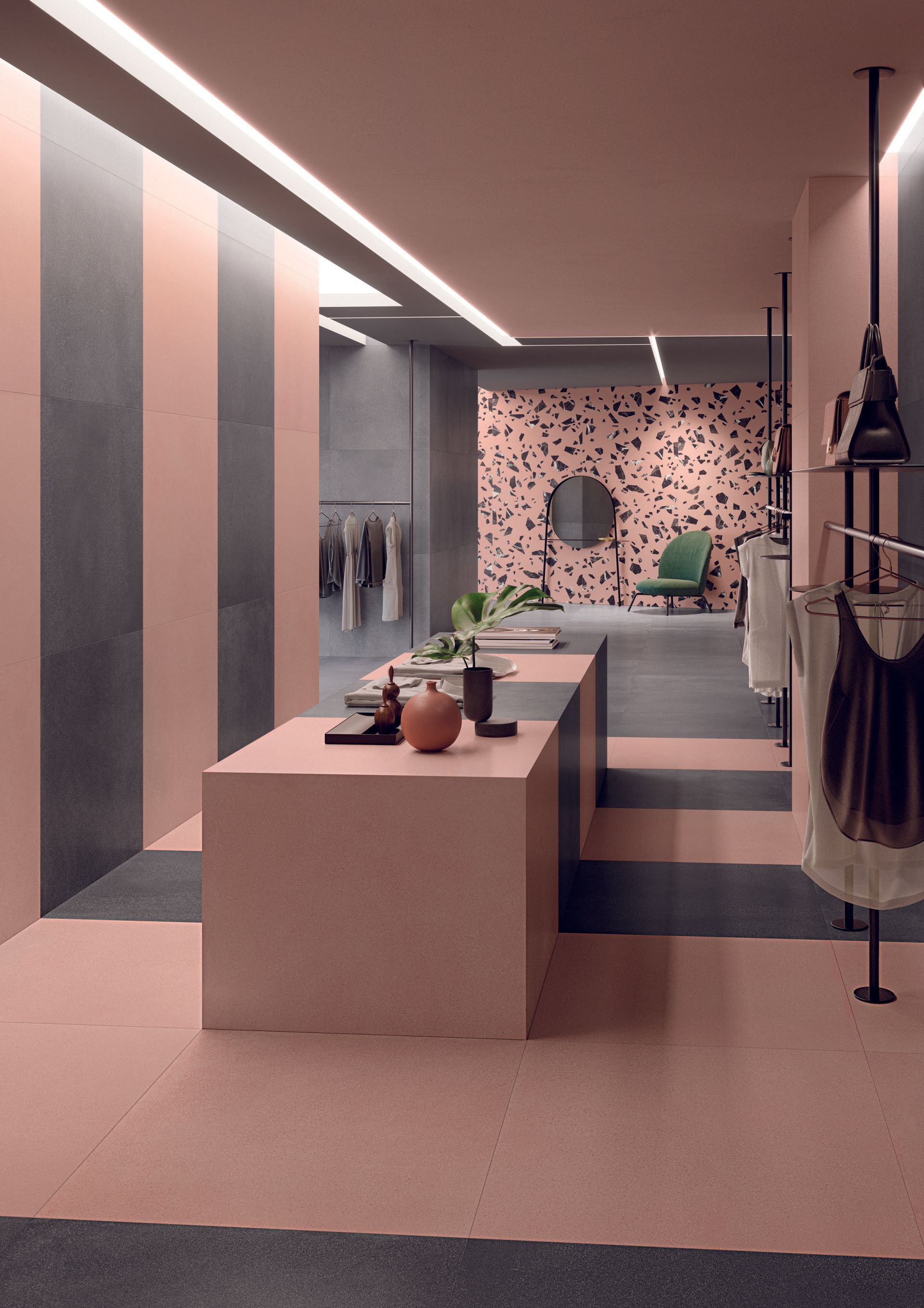 terrazzo tiles , used in a commercial design within a changing room