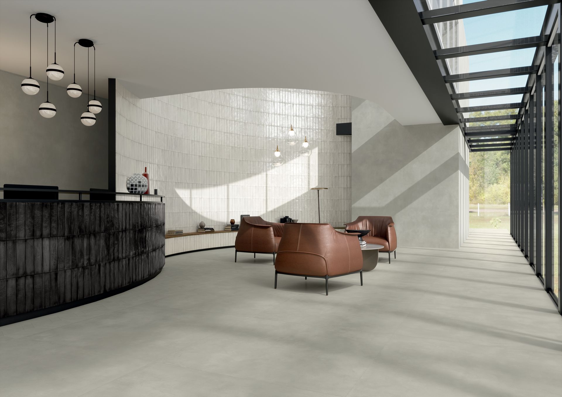 Large format white tile used in the reception of this office