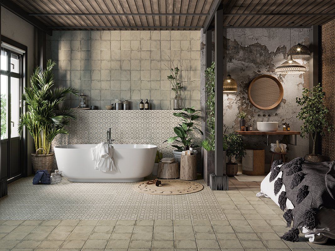 Rustico used on the walls behind the bath and on the floor next to the plants