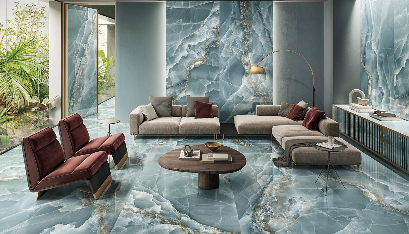 Sapphire marble effect floor and wall tiles used in a living room