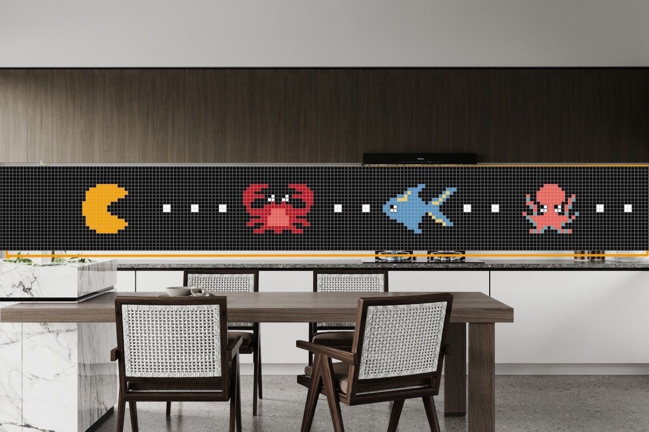 full body solid colour tiles used to create cute pixel characters on a black kitchen splashback 