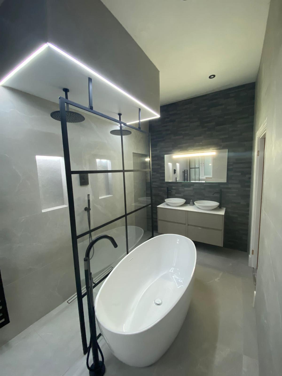limestone effect tiles , residential project with luxury shower