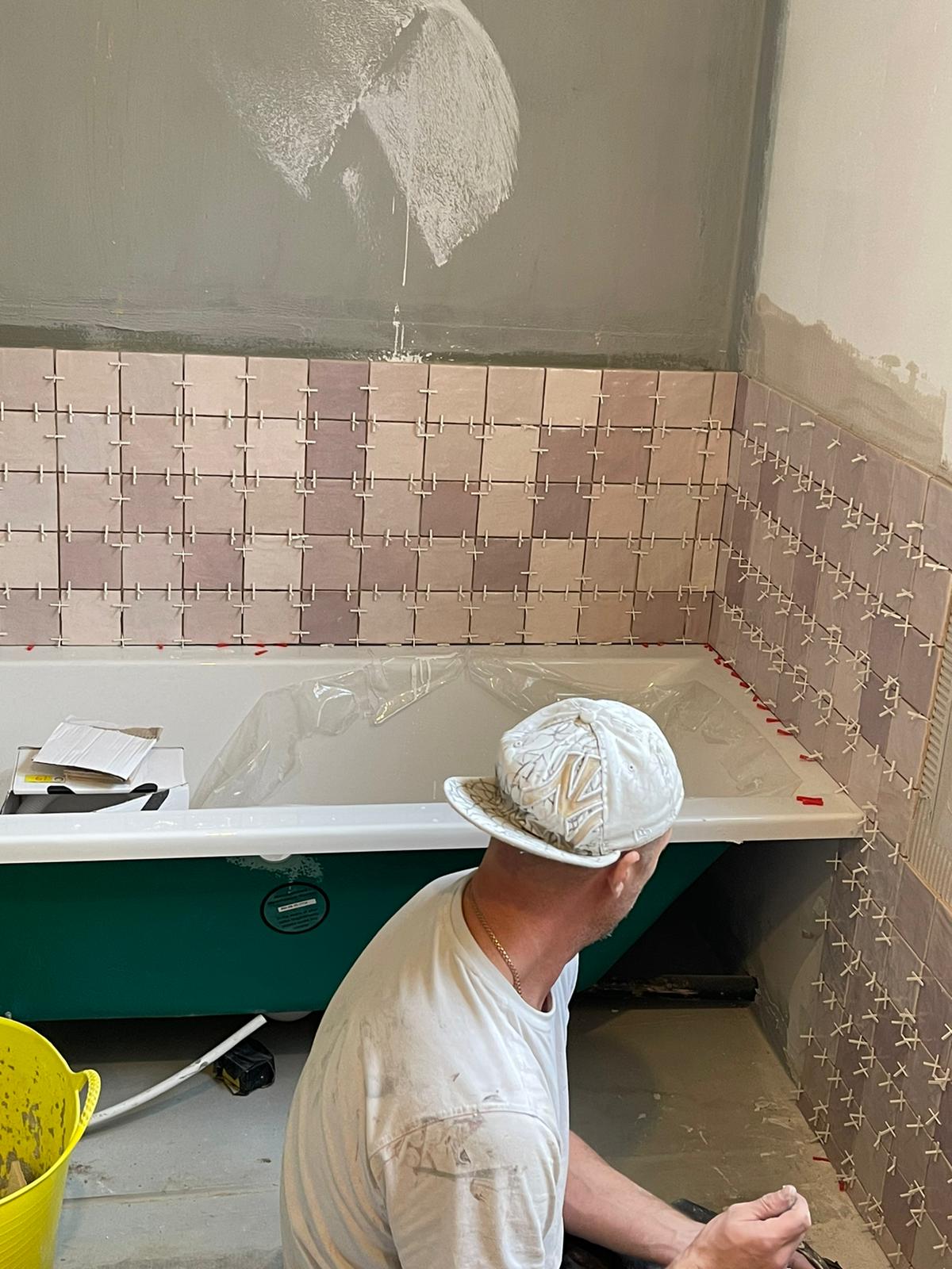 Zellige style wall tiles, Pink wall tiles, tonal wall tiles, bathtub, Tiling