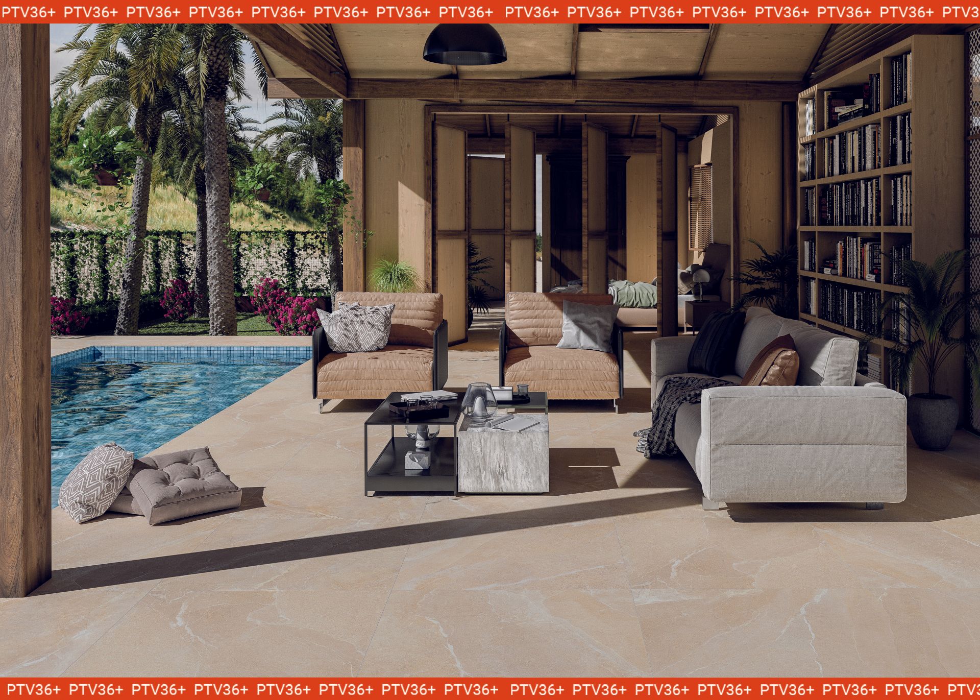 Covered patio with beige stone-look tiles and a poolside view, featuring earthy-toned seating. Tropical plants and warm lighting create a relaxed, resort-like atmosphere.