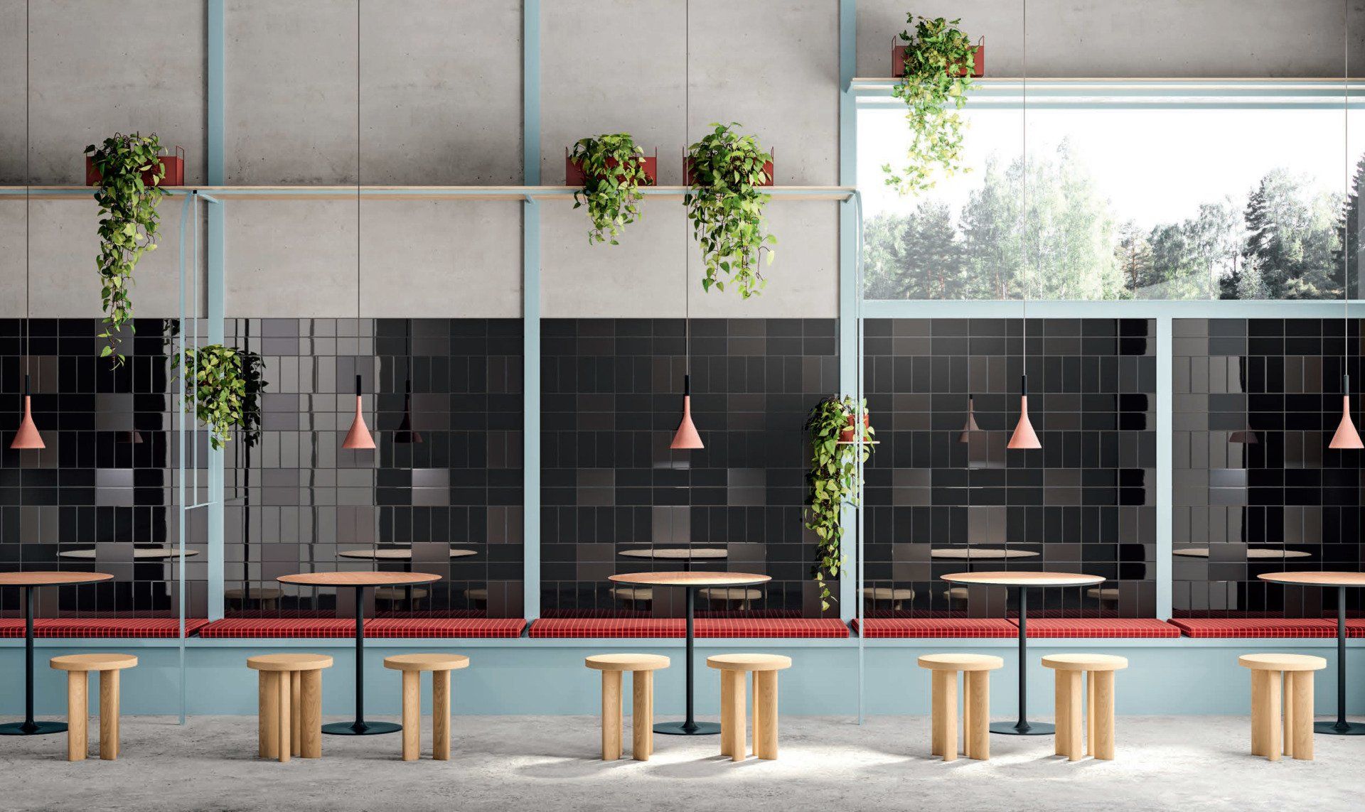 Black palette ral used in the wall infront of the stools and table