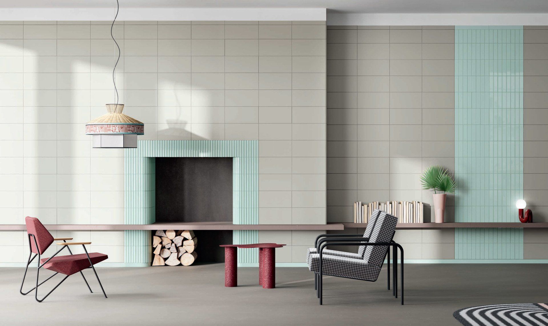 living room with 2 lawn looking chairs and a red stool table with a fireplace and chopped wood on the back wall