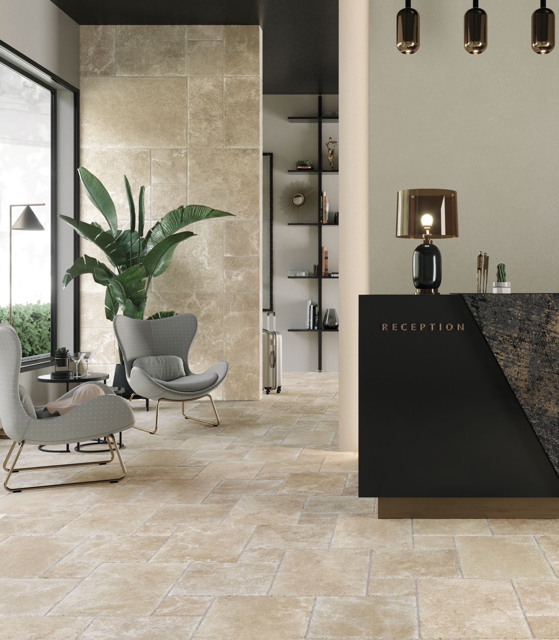 limestone effect tile used in a reception with a natural like looking limestone tile