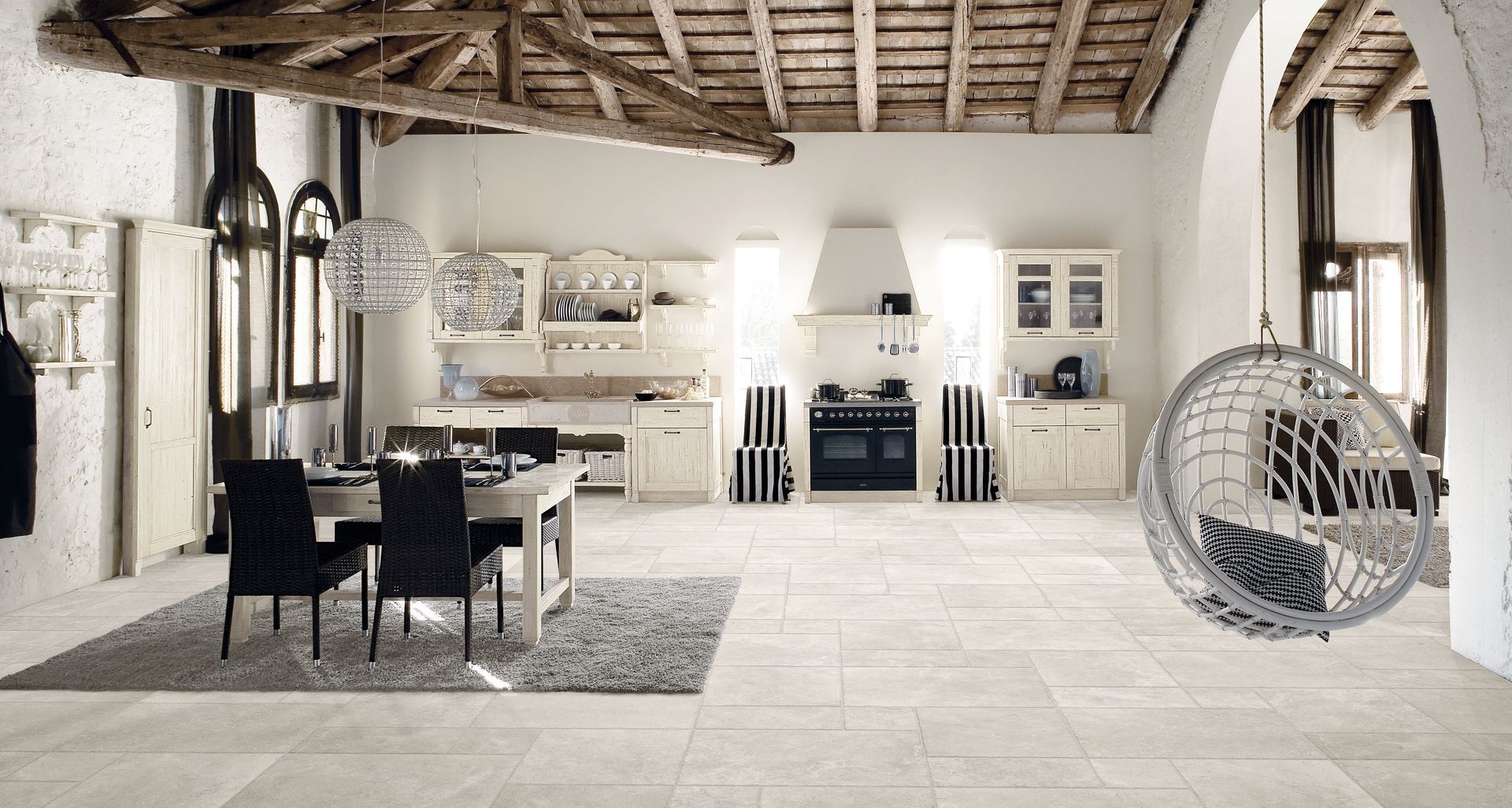 Napoli sand modular floor tiles, limestone effect in rustic kitchen floor space