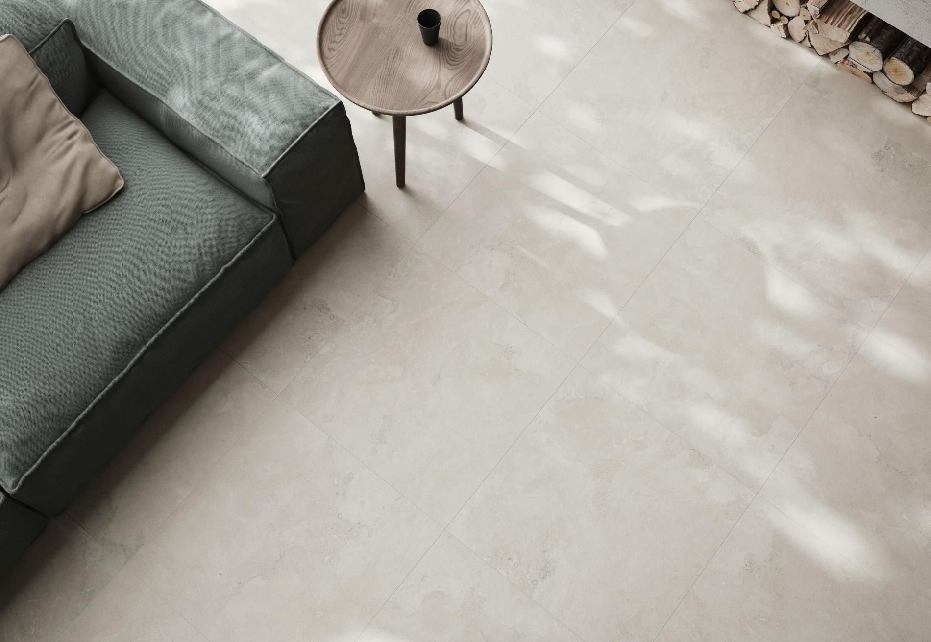 Ivory concrete tiles, minimalist decor, coffee table in minimal room