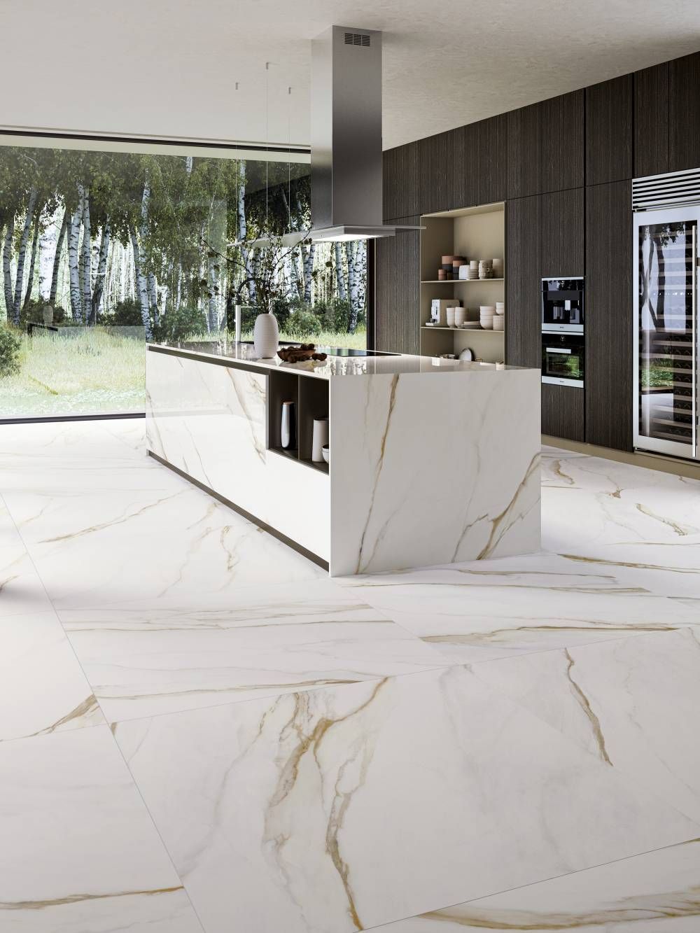 White marbled kitchen with golden veins, marble countertop with bottles ontop