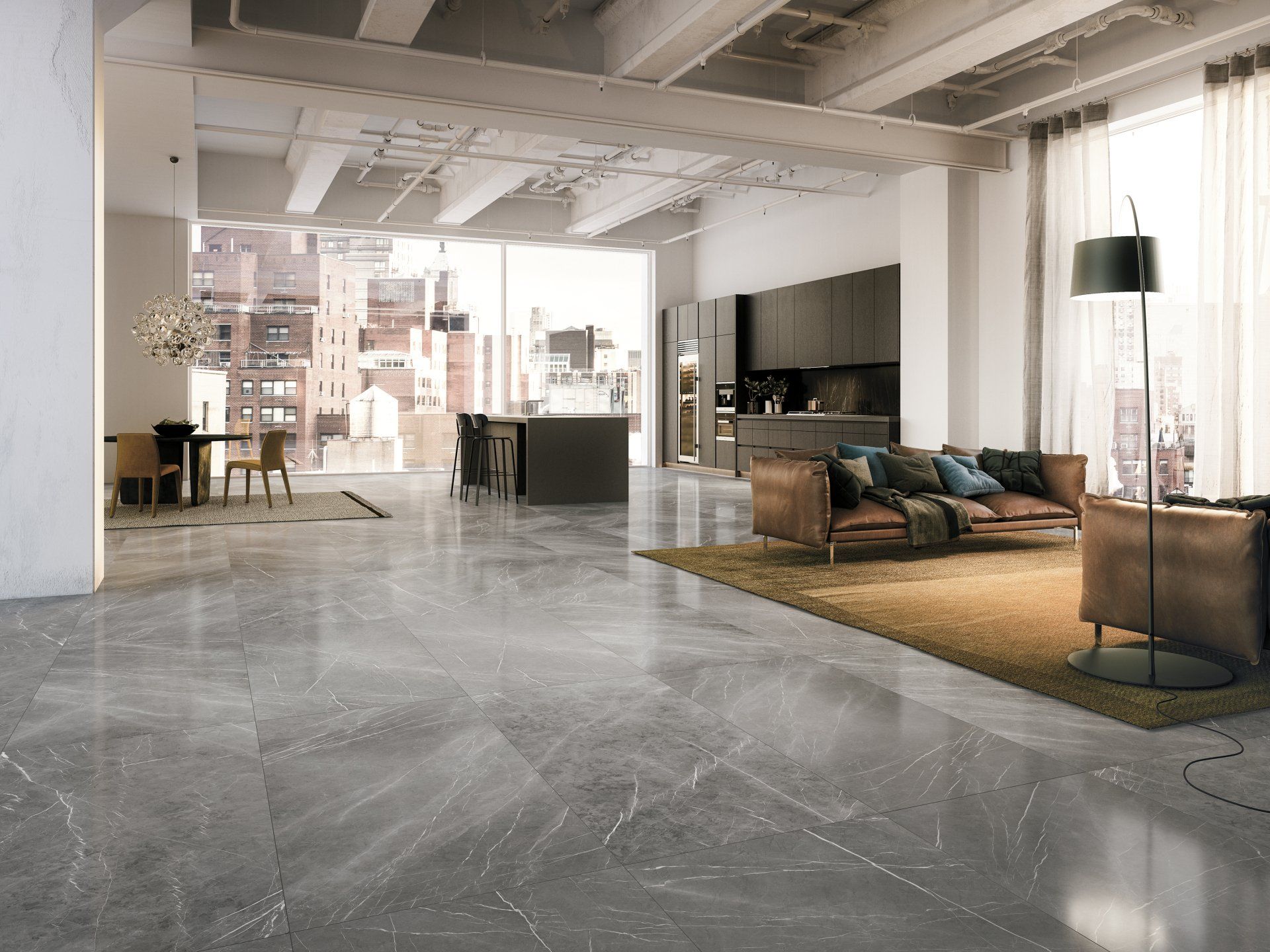 Grey marble floor tile relecting with carpet and sitting area