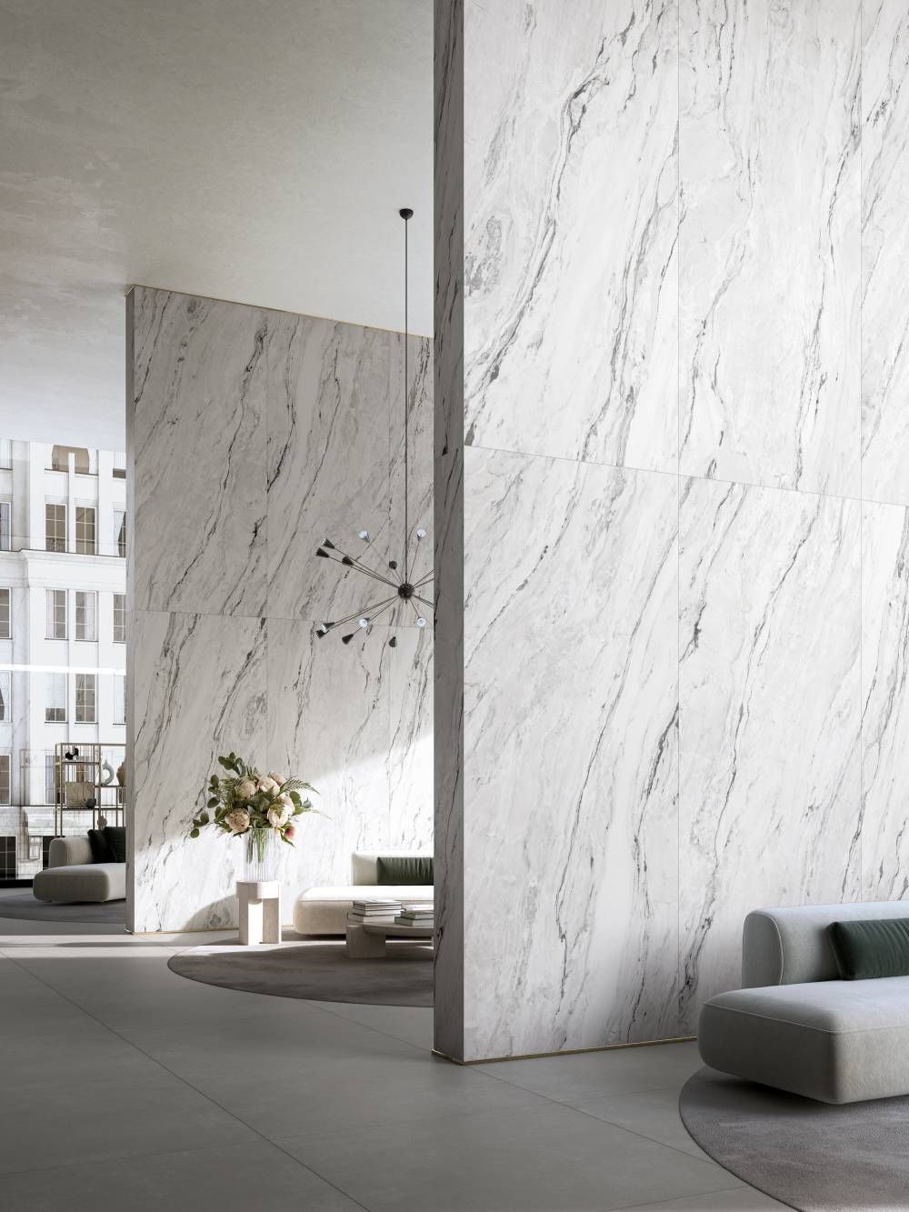 lucca calacatta on a feature wall and a plant