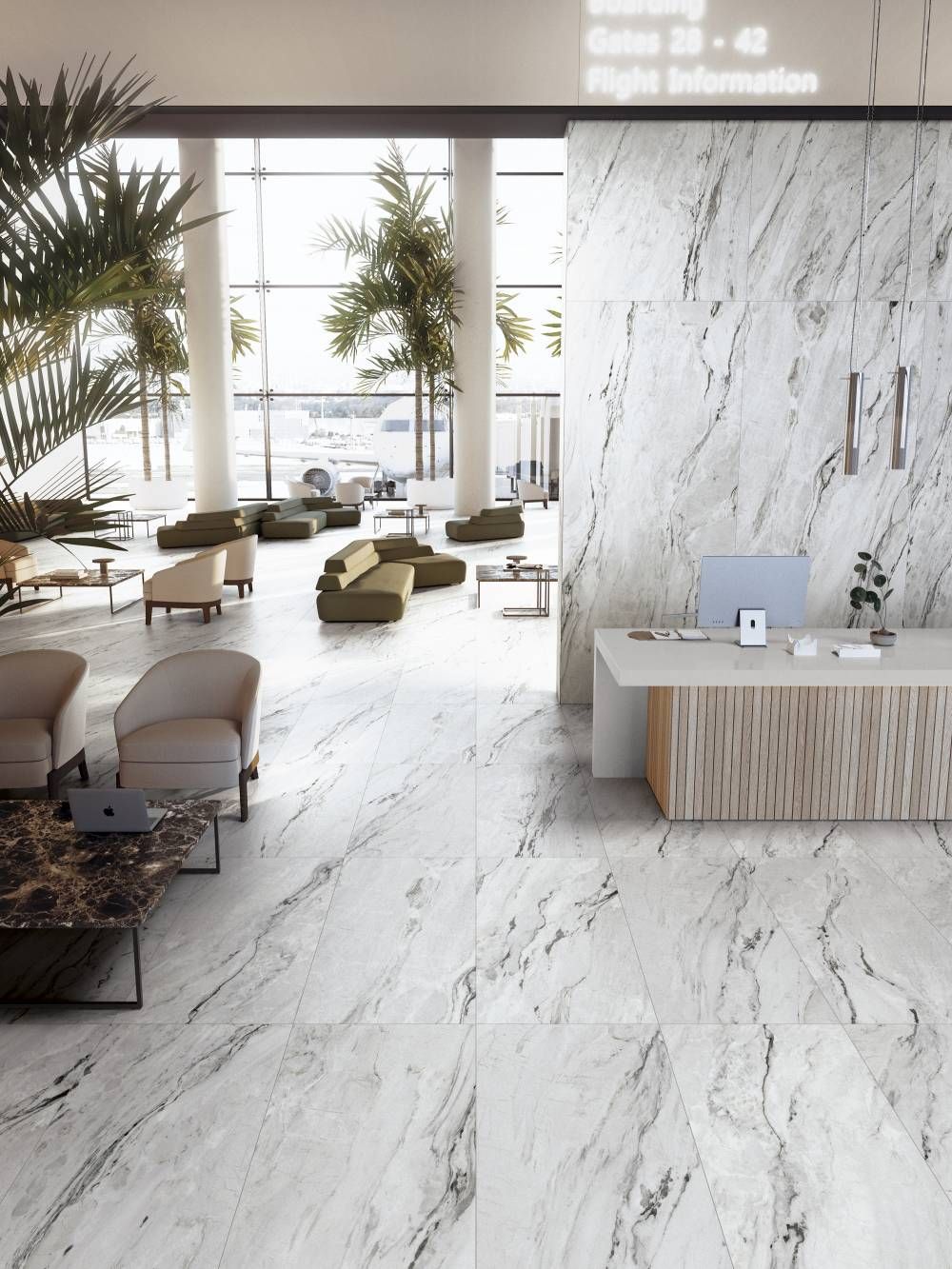 large porcelain floor tiles, white couch , green plant