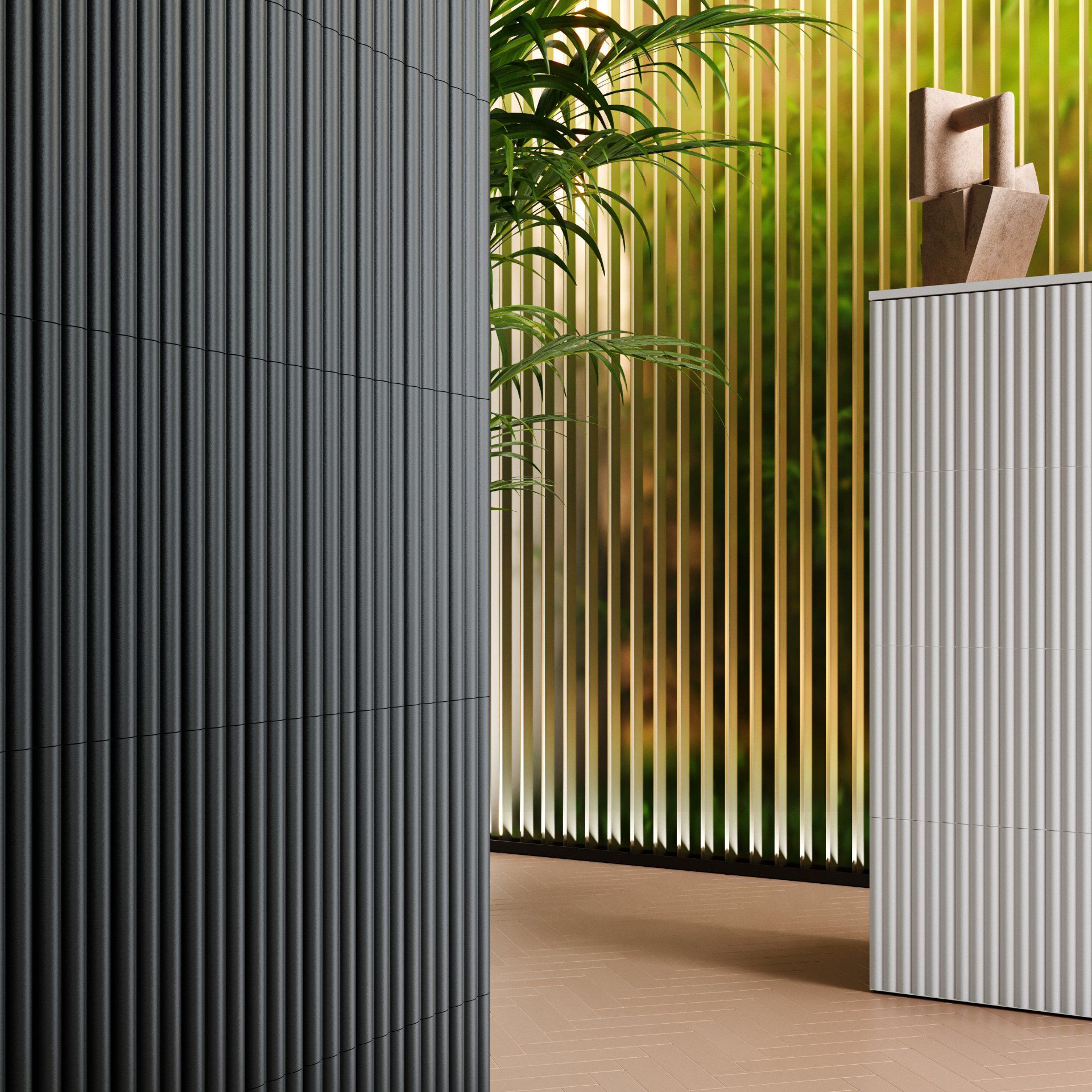 a black and white fluted and a white reception desk