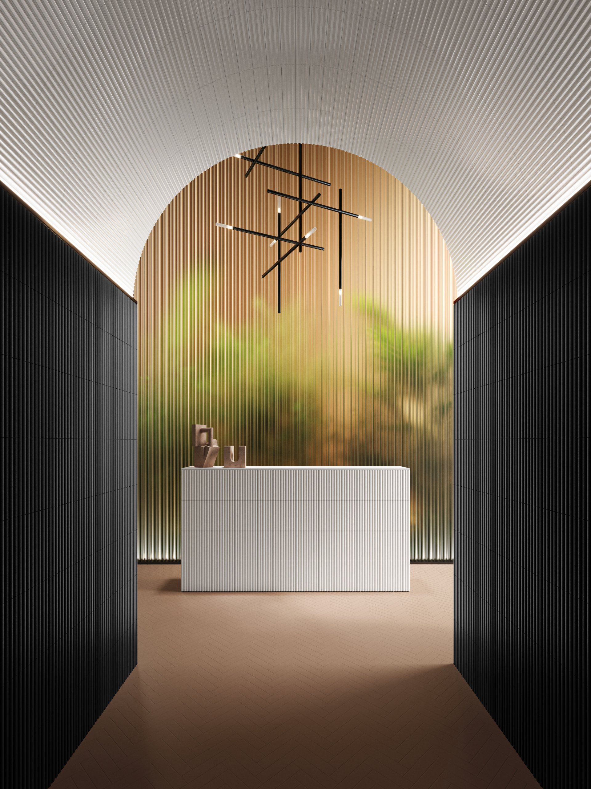 a black and white fluted and a white reception desk 