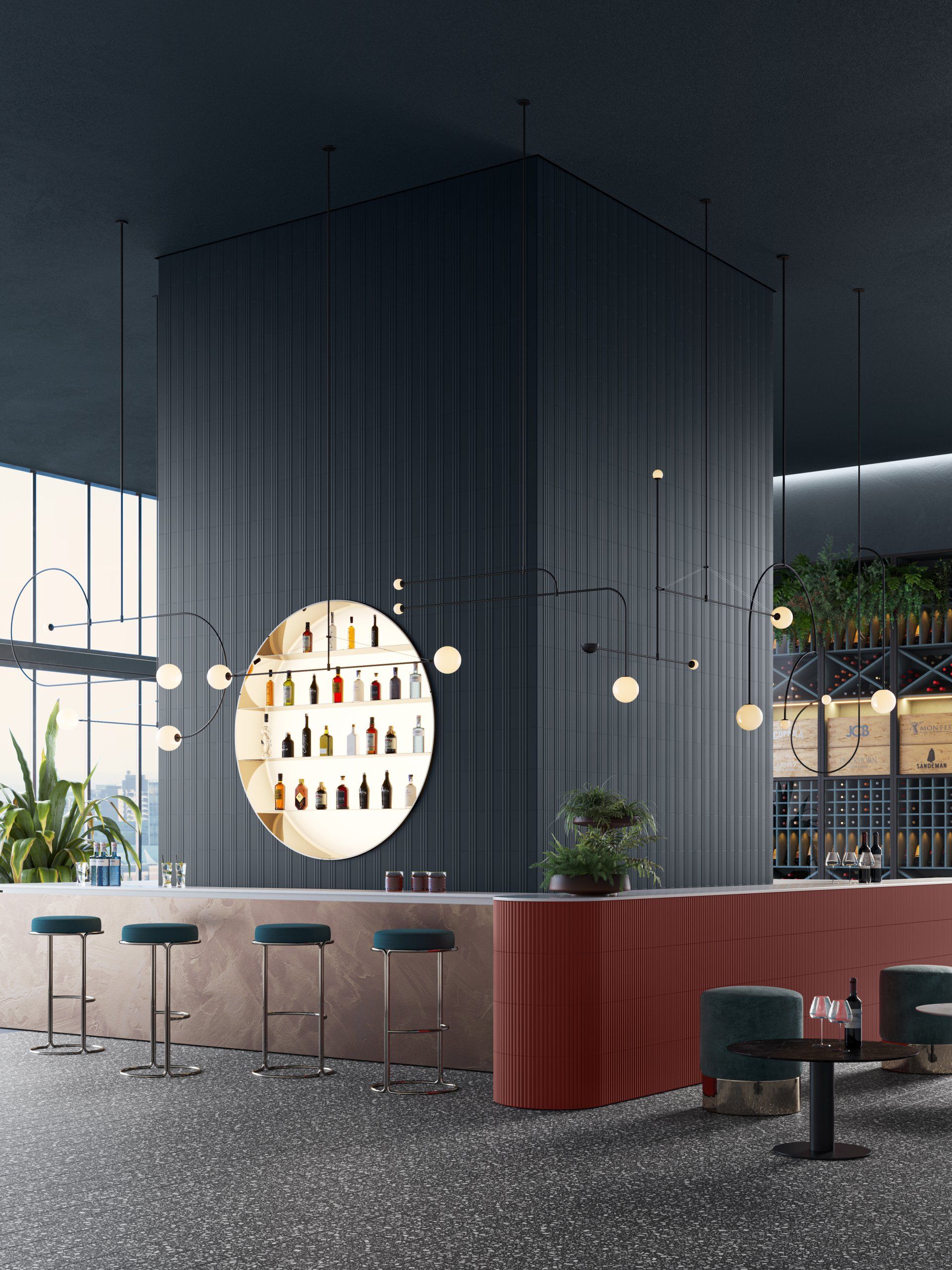 A red bar front made from fluted tiles as a feature with dark blue velvet seats and wine glasses on the coffee table infront