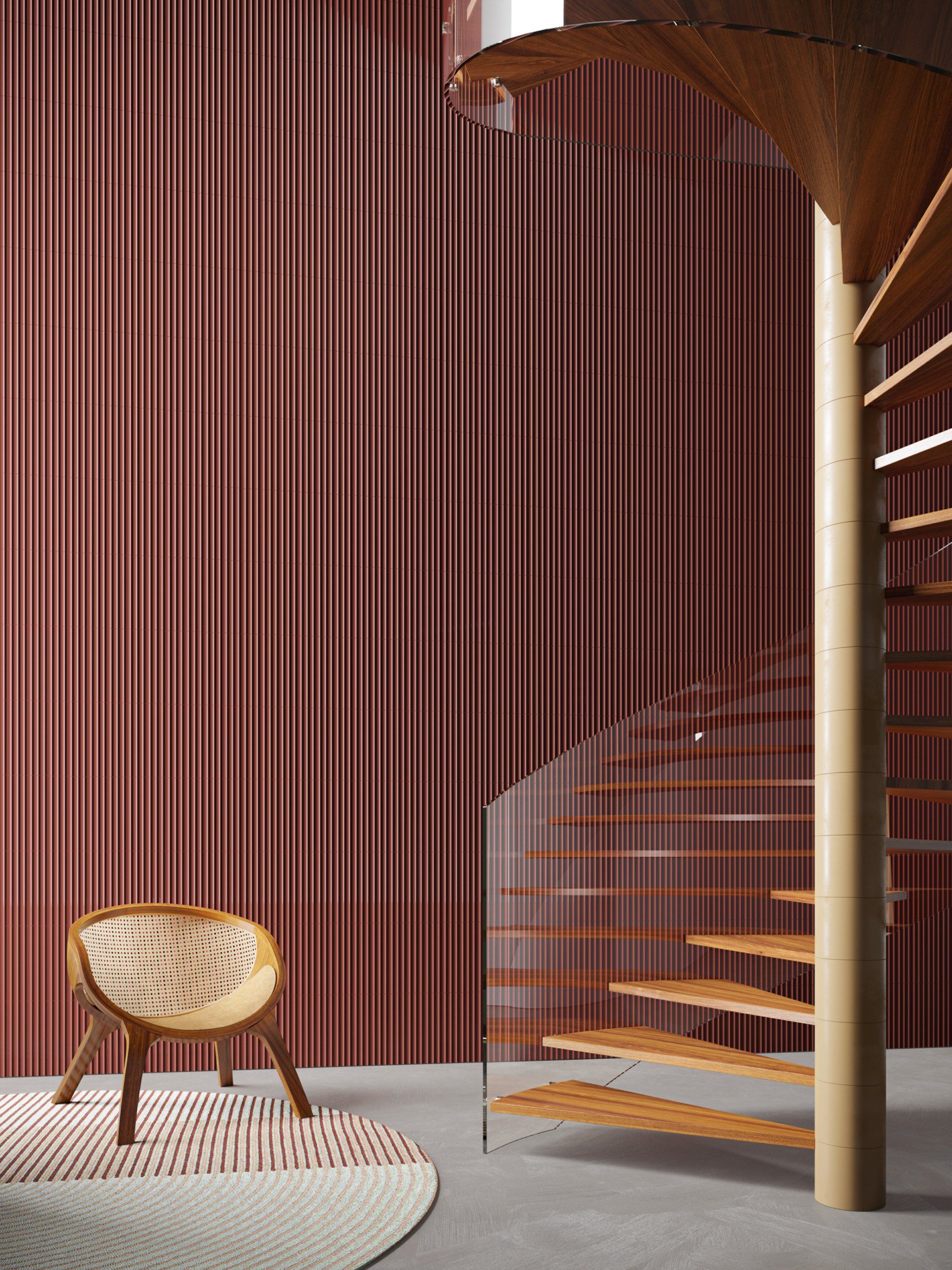 a fluted red wall feature with a spiral staircase with wooden effect steps and a wooden seat.