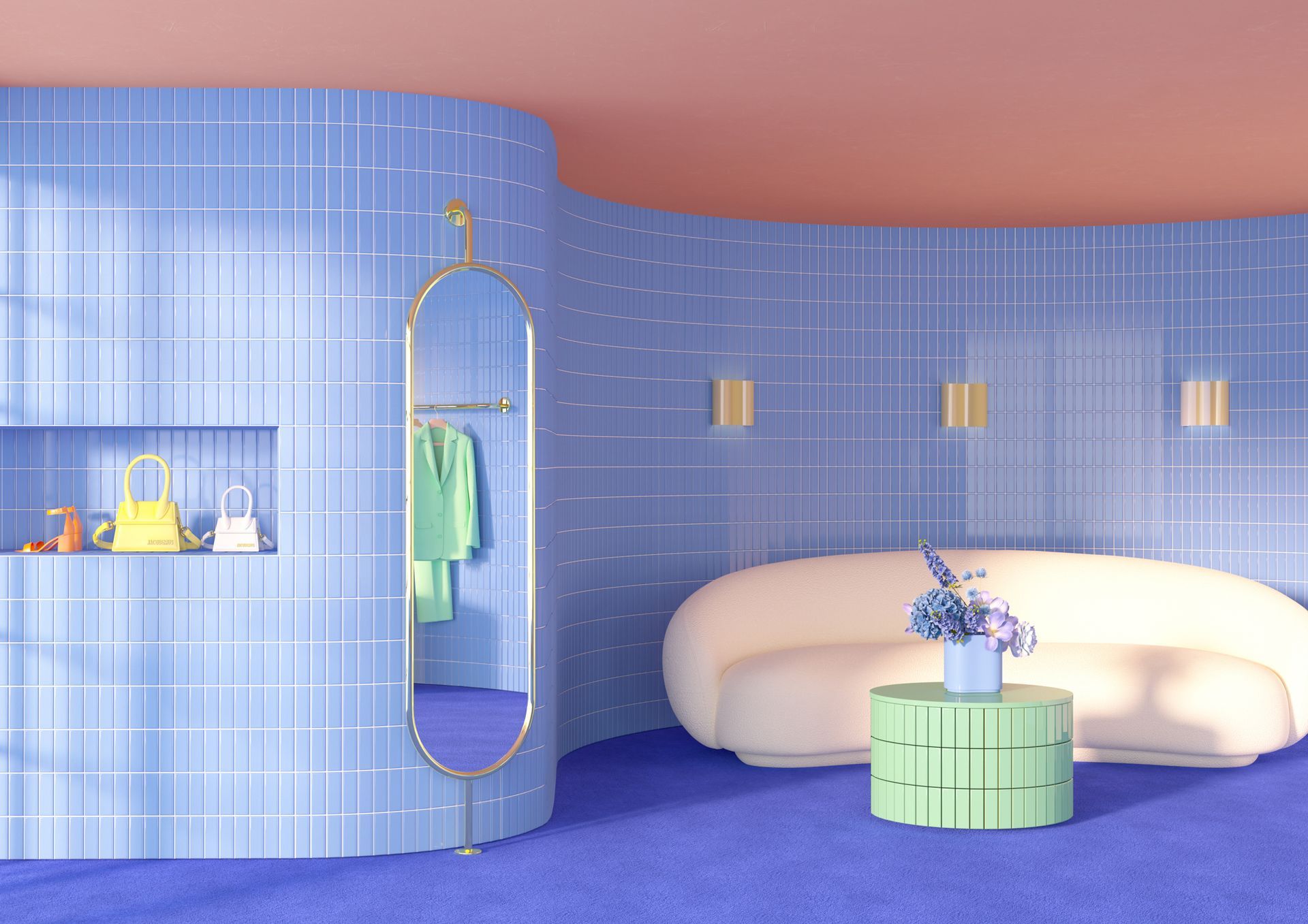 living room wall tiled in a yellow square tile in the desert