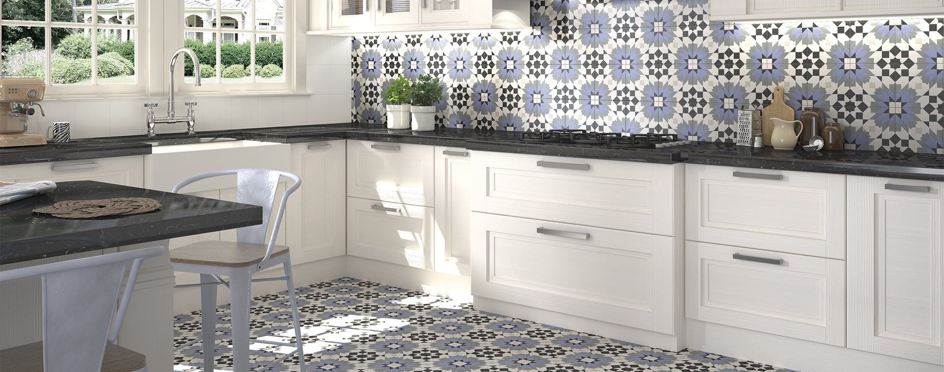 Pattern tile used all over kitchen