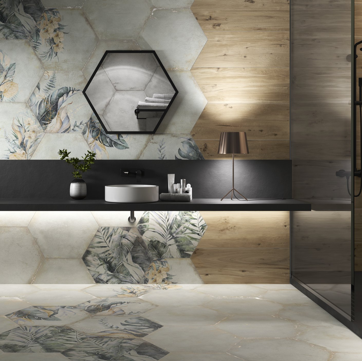 new forest decor tiles on the wall contrasting with the wood