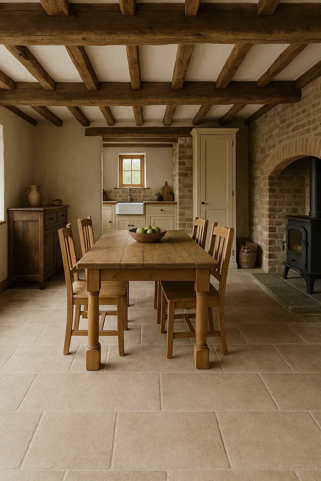 Limestone effect tile on the floor and wall inside a bathroom