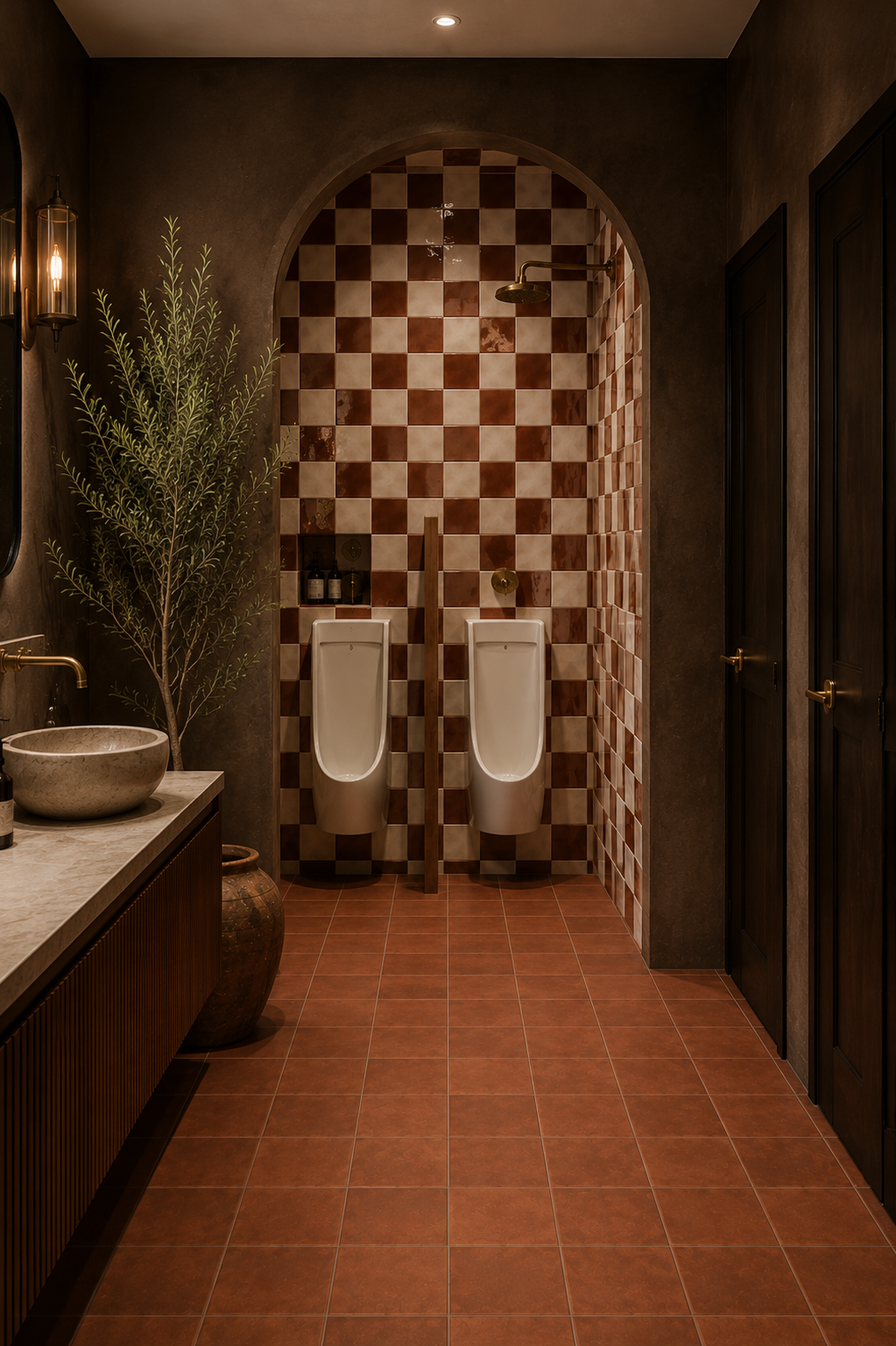 Salerno 100 caramel & Blanco chequerboard commercial toilet, curved archway and terracotta floor, with two free standing urinals.