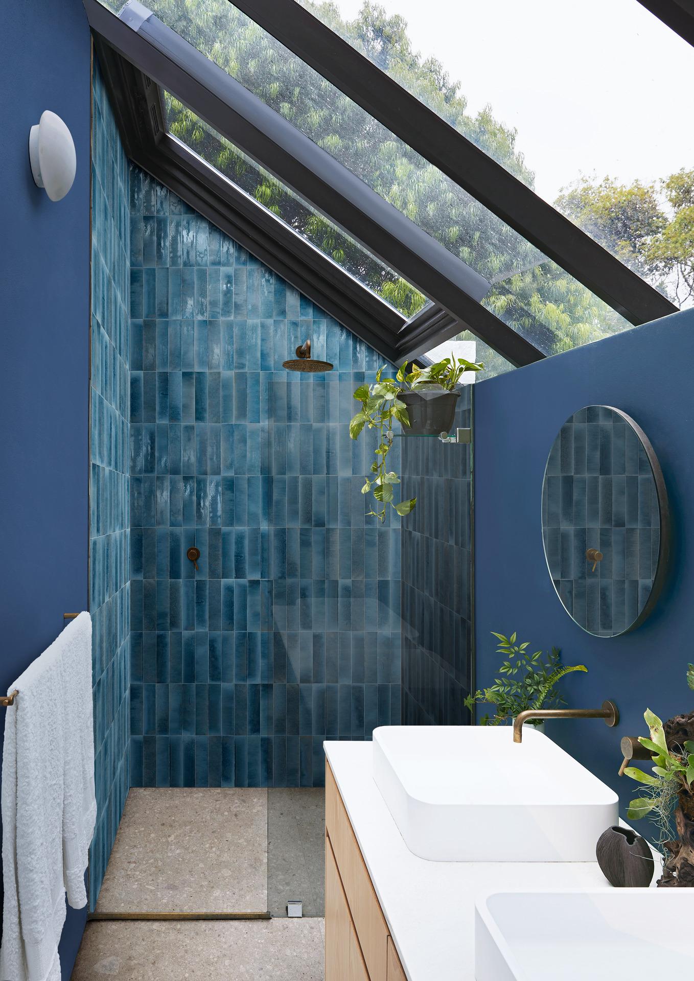Blue Brick zellige wall tile used in a shower cubical