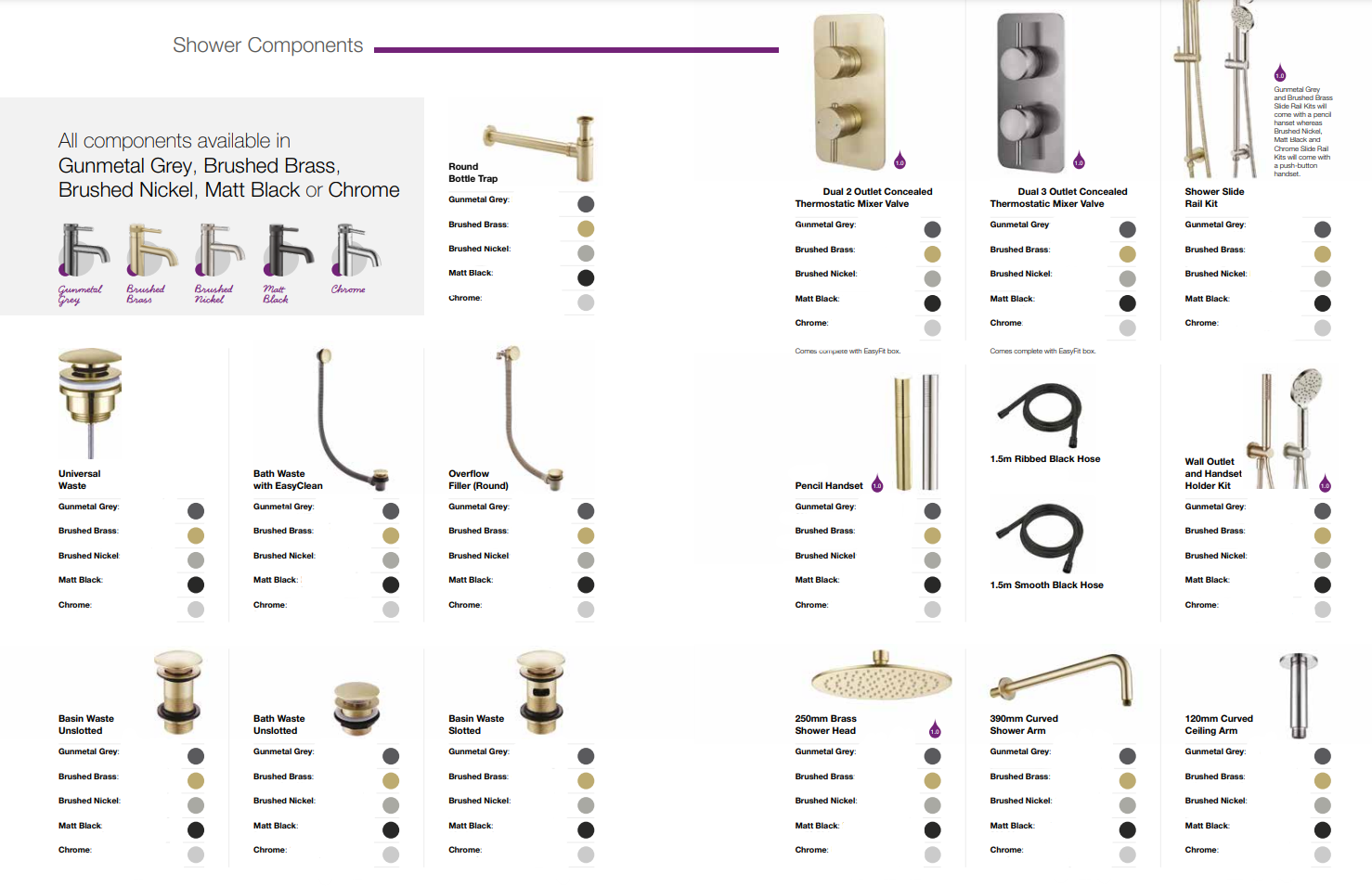 Information sheet for our brassware range with all the colours and sizes