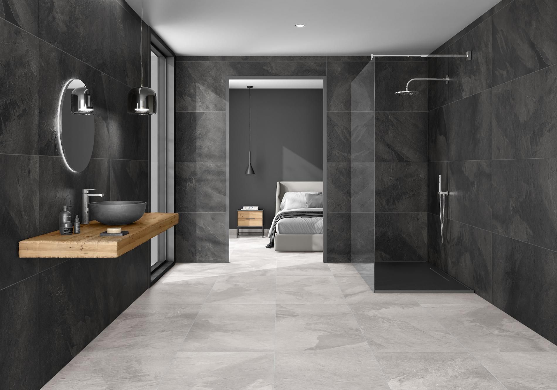 Slateway on suite bathroom featuring black and grey floor and wall tiles