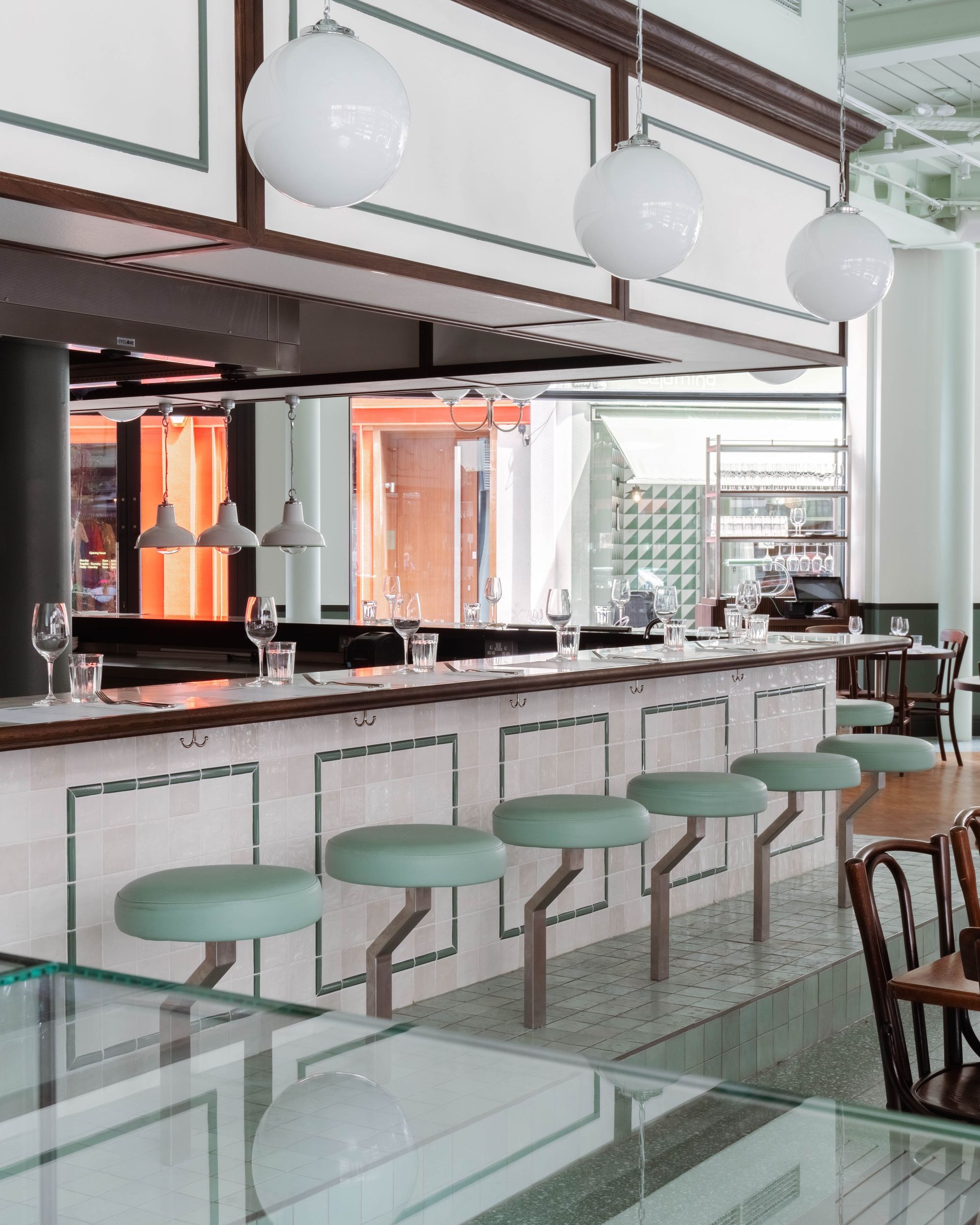 Lyon square tiles used in the bar of lina stores in marylebone