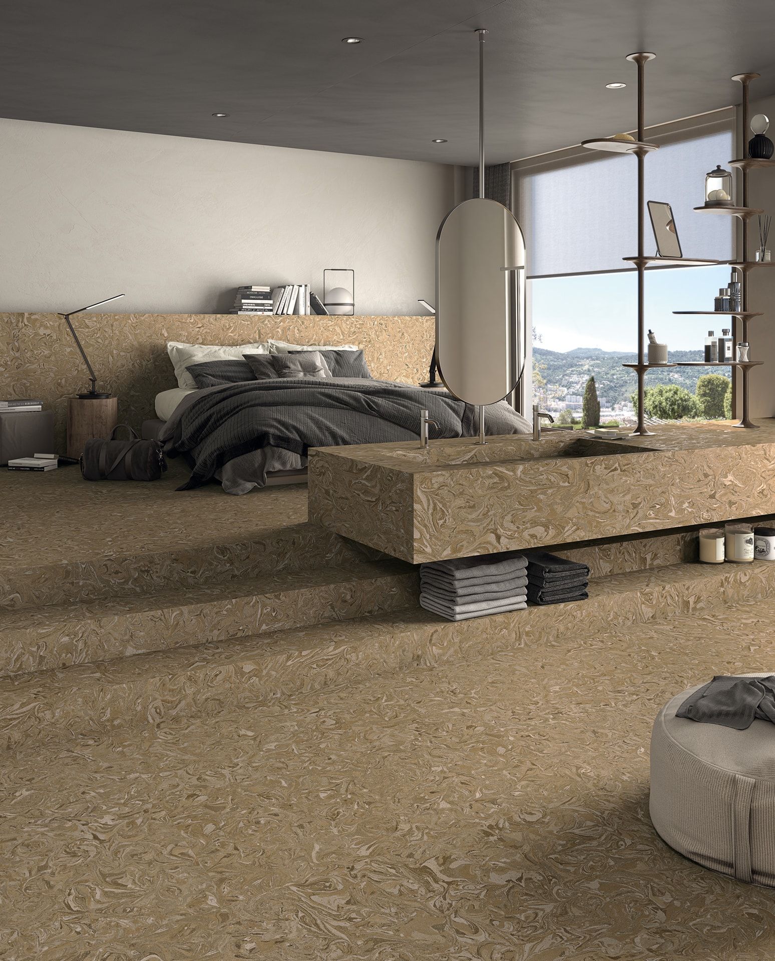 Swirl moka used in this main bedroom to make the backboard and the